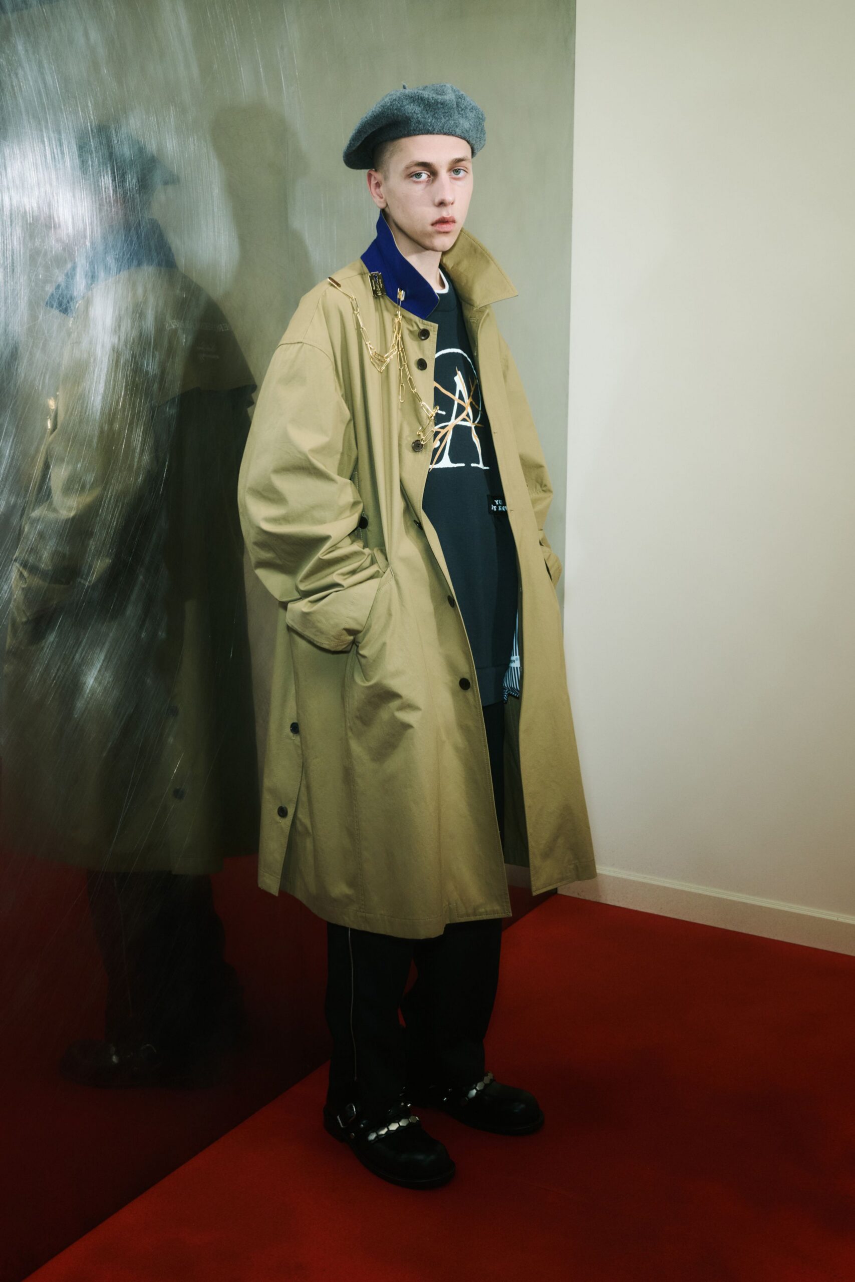 beige cotton long-sleeve collared oversized buttoned trench