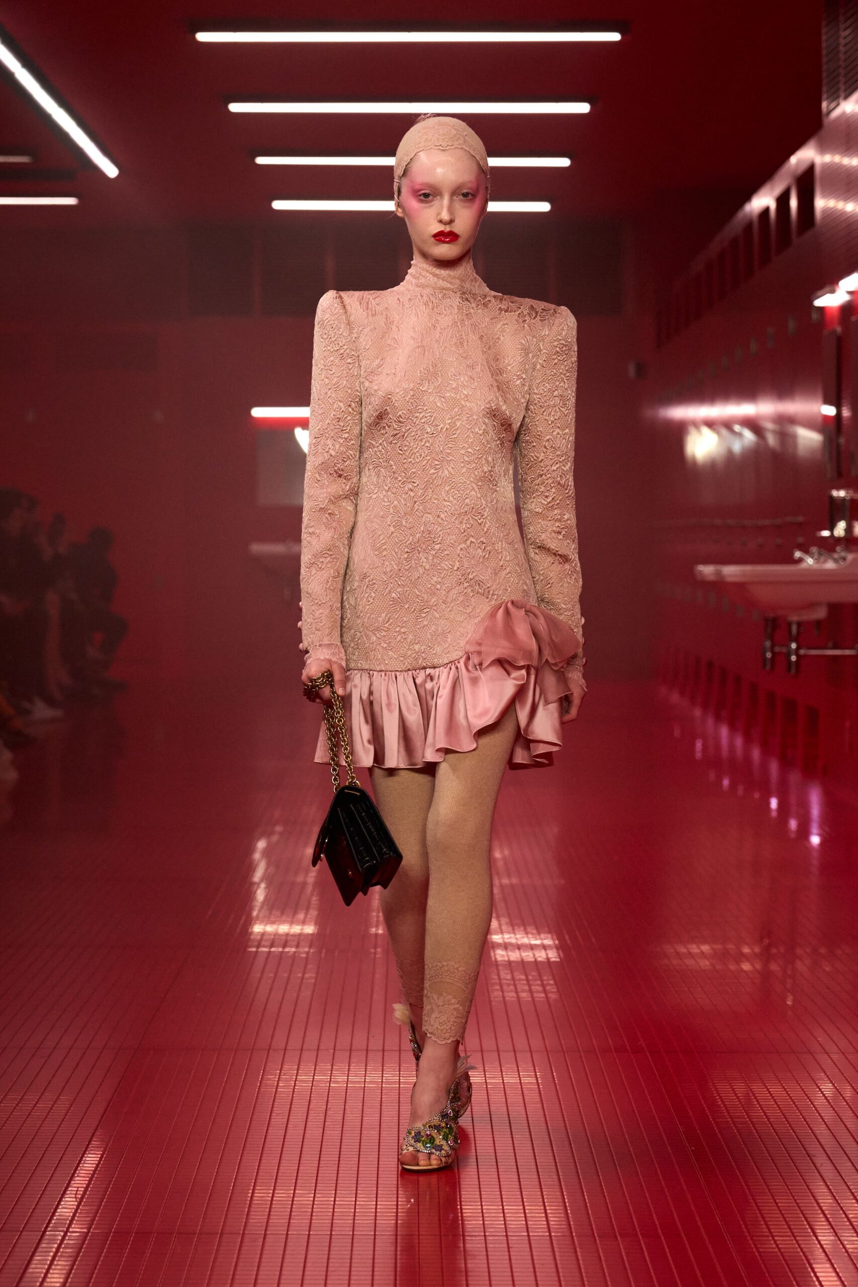 pink lace long-sleeve high-neck fitted ruffled embellished dress