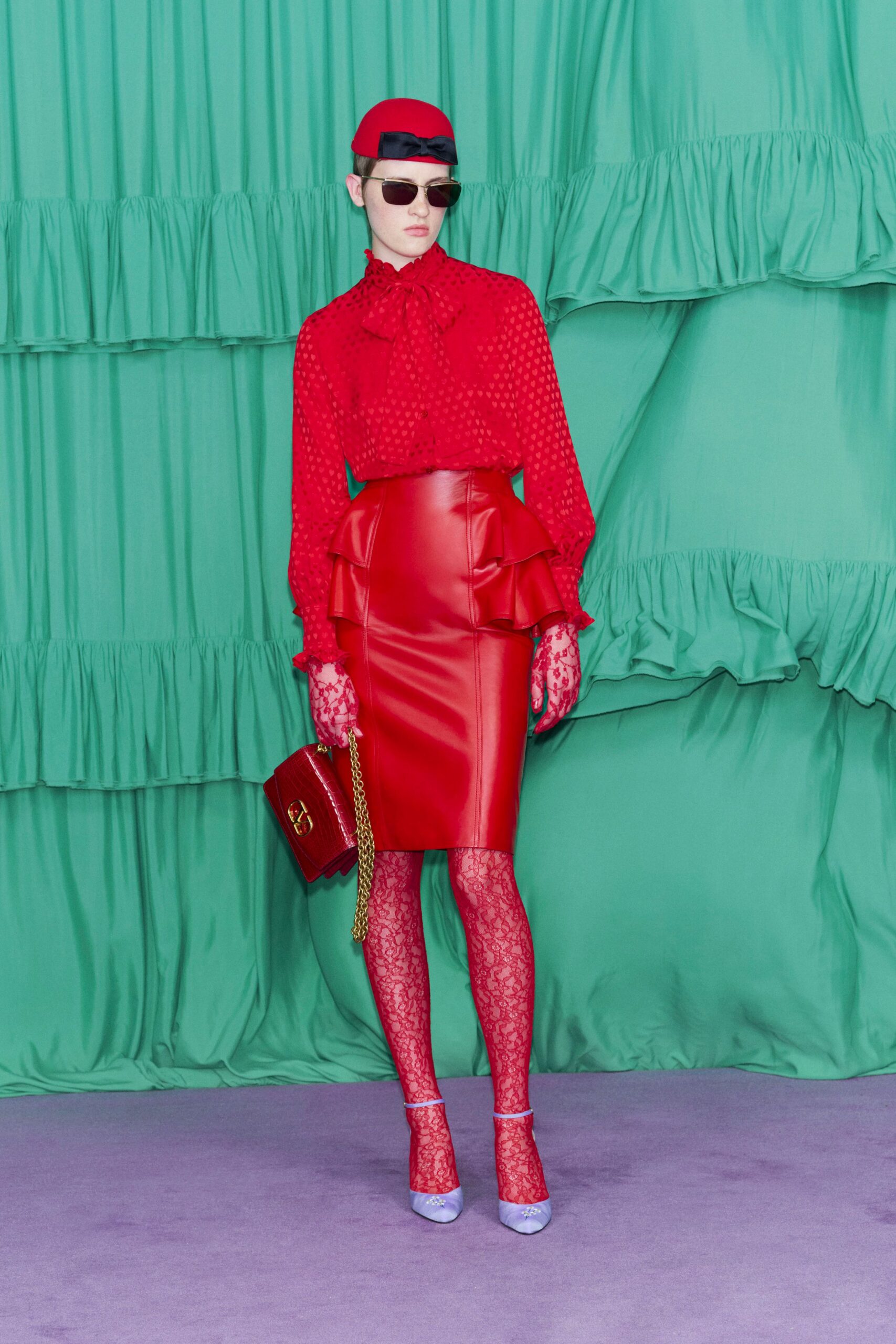 red silk long-sleeve collared fitted pleated blouse