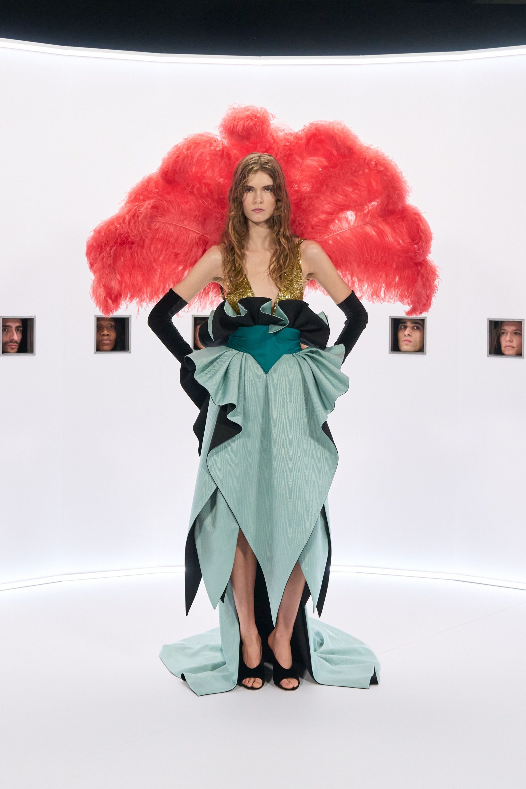 teal silk draped gown