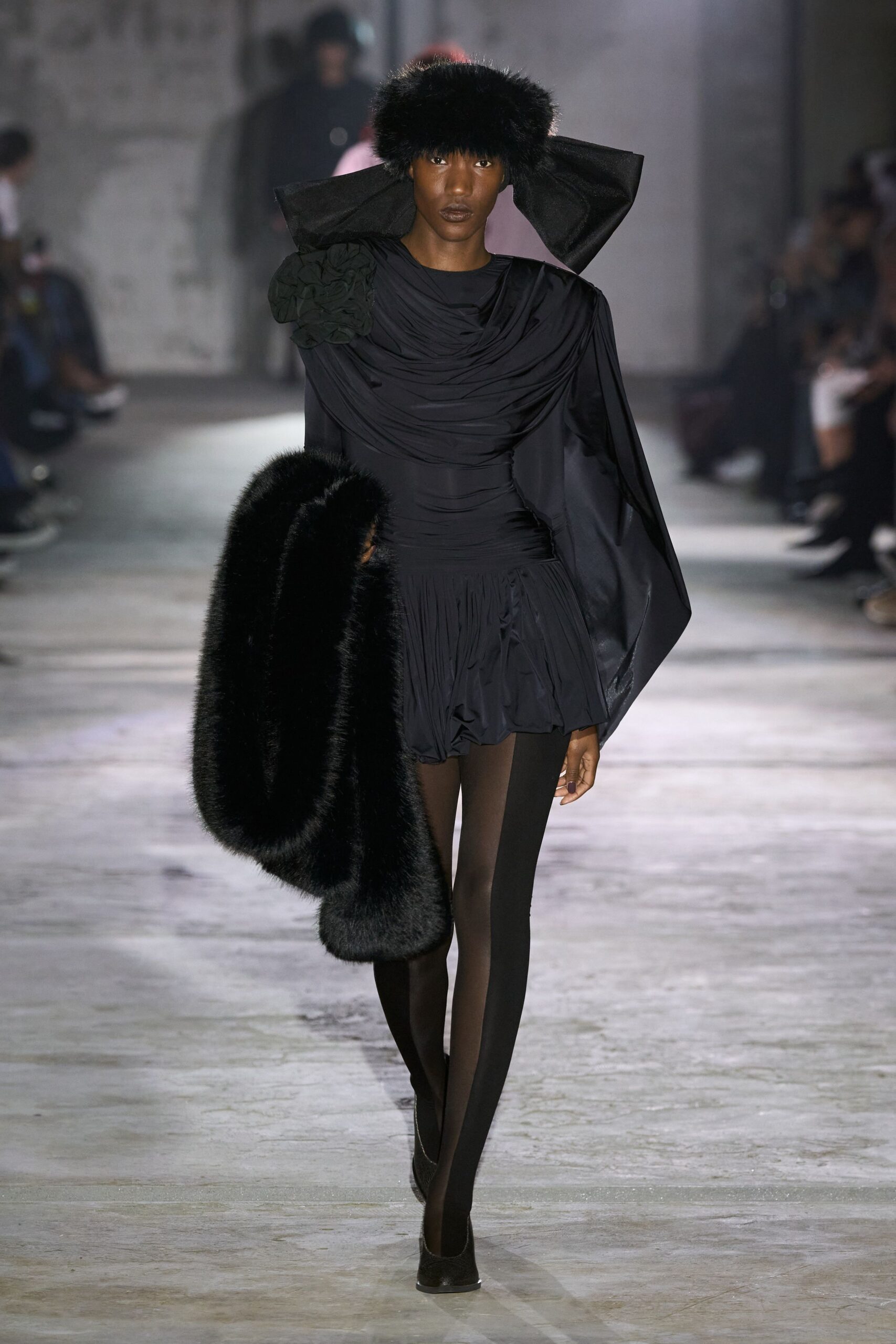 black silk long-sleeve v-neck fitted draped pleated dress