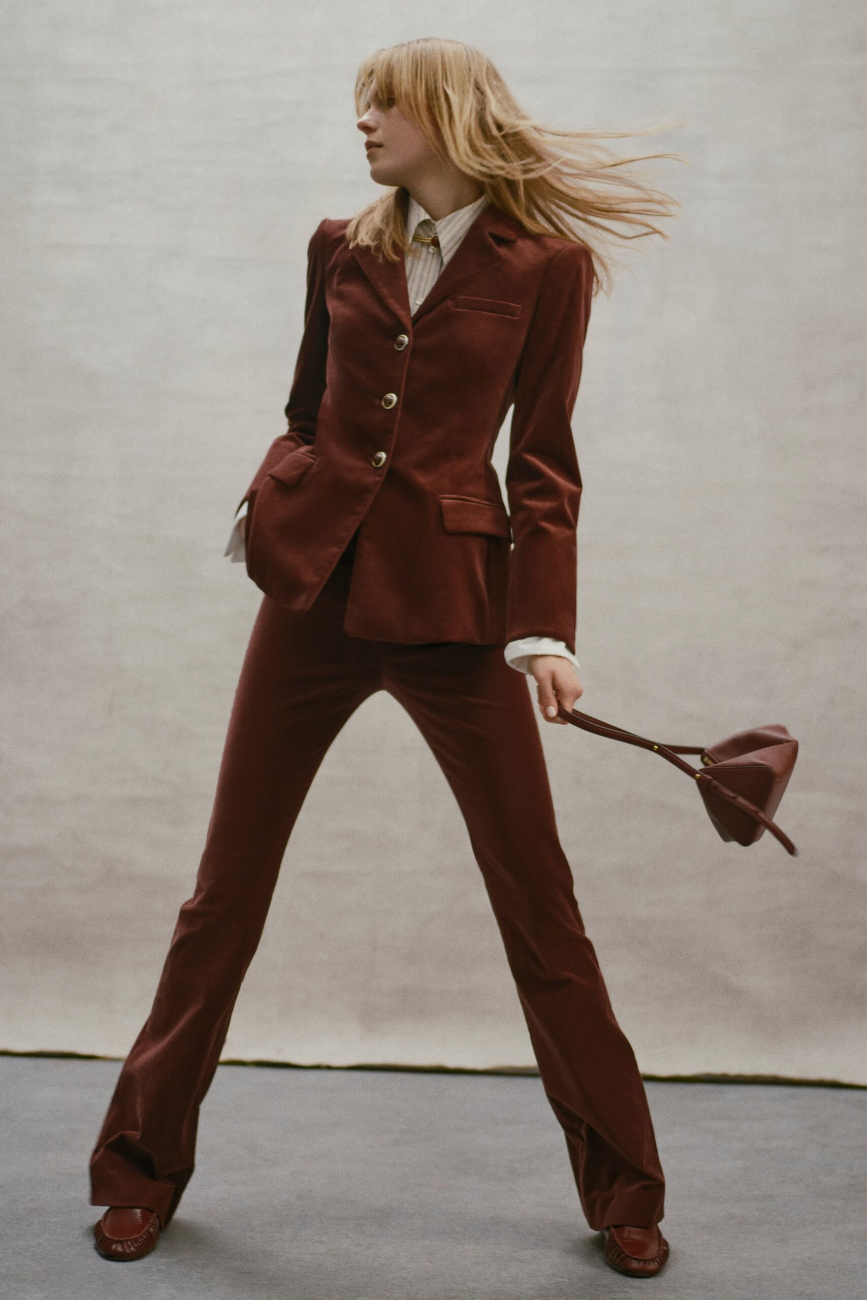 red velvet long-sleeve collared tailored buttoned flared suit