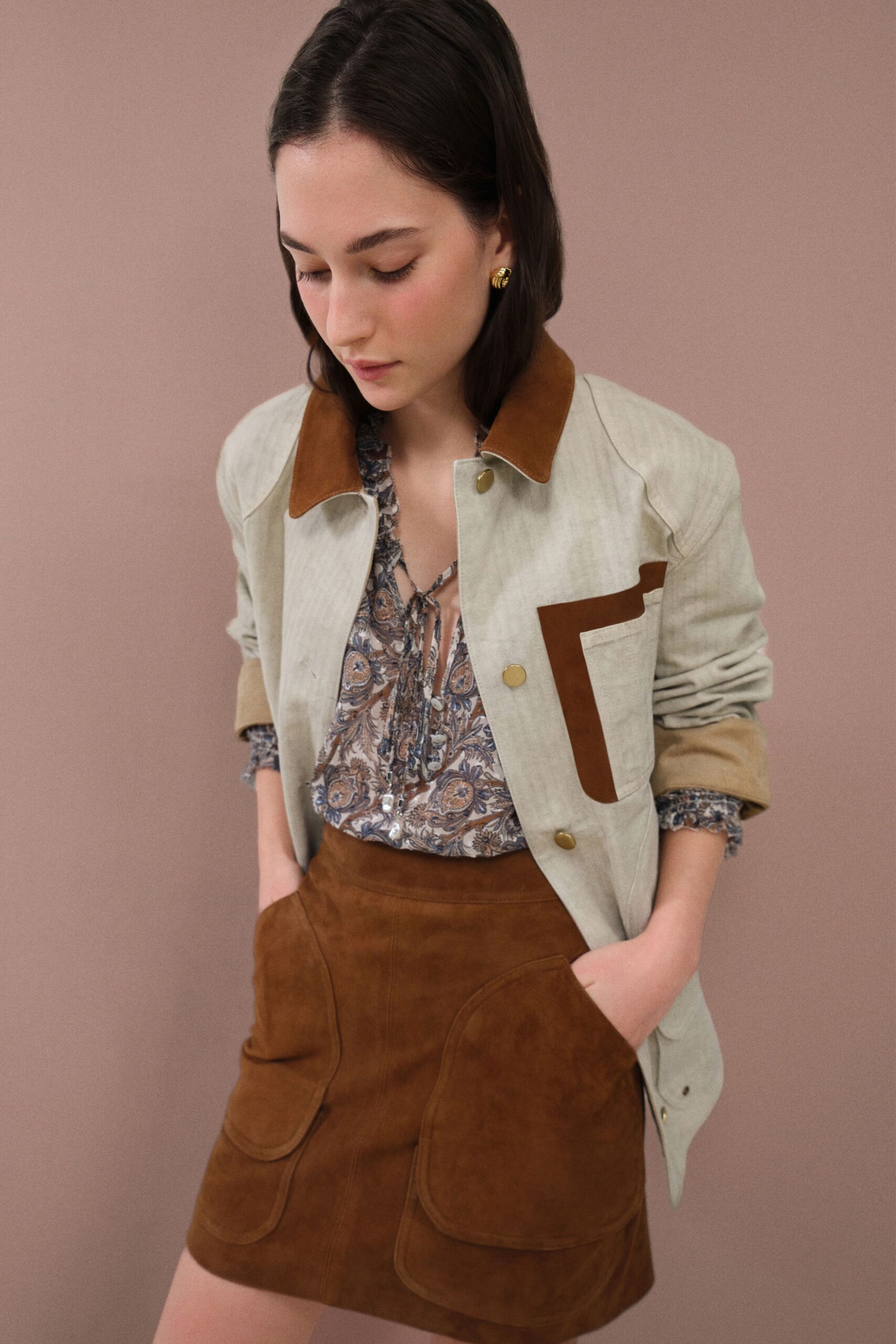 multi silk long-sleeve v-neck relaxed printed blouse