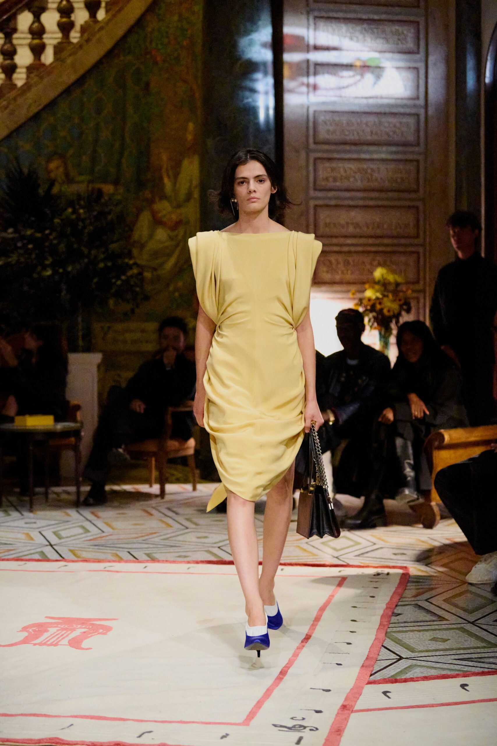yellow silk short-sleeve v-neck fitted draped midi dress
