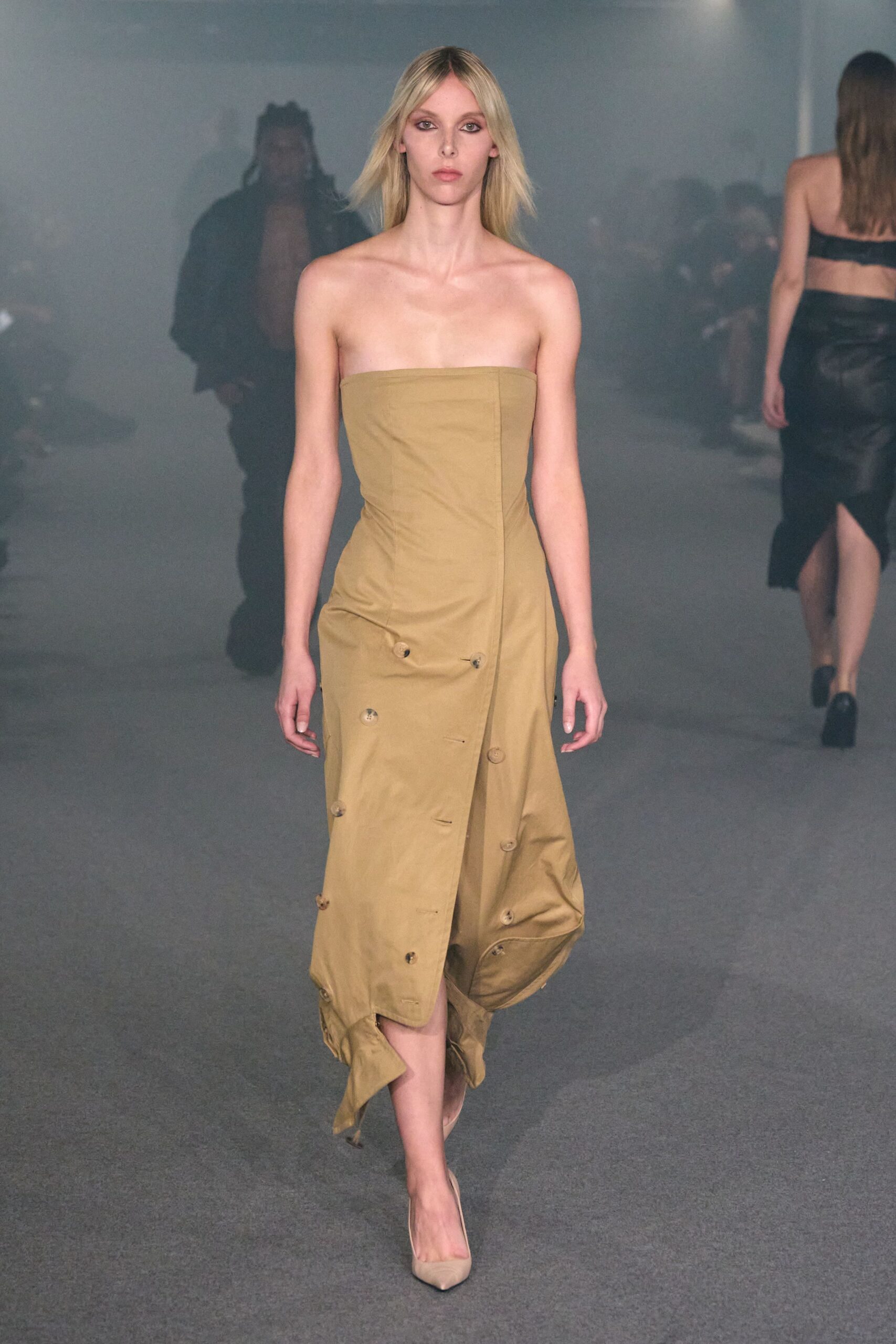 beige cotton strapless asymmetric fitted draped midi dress