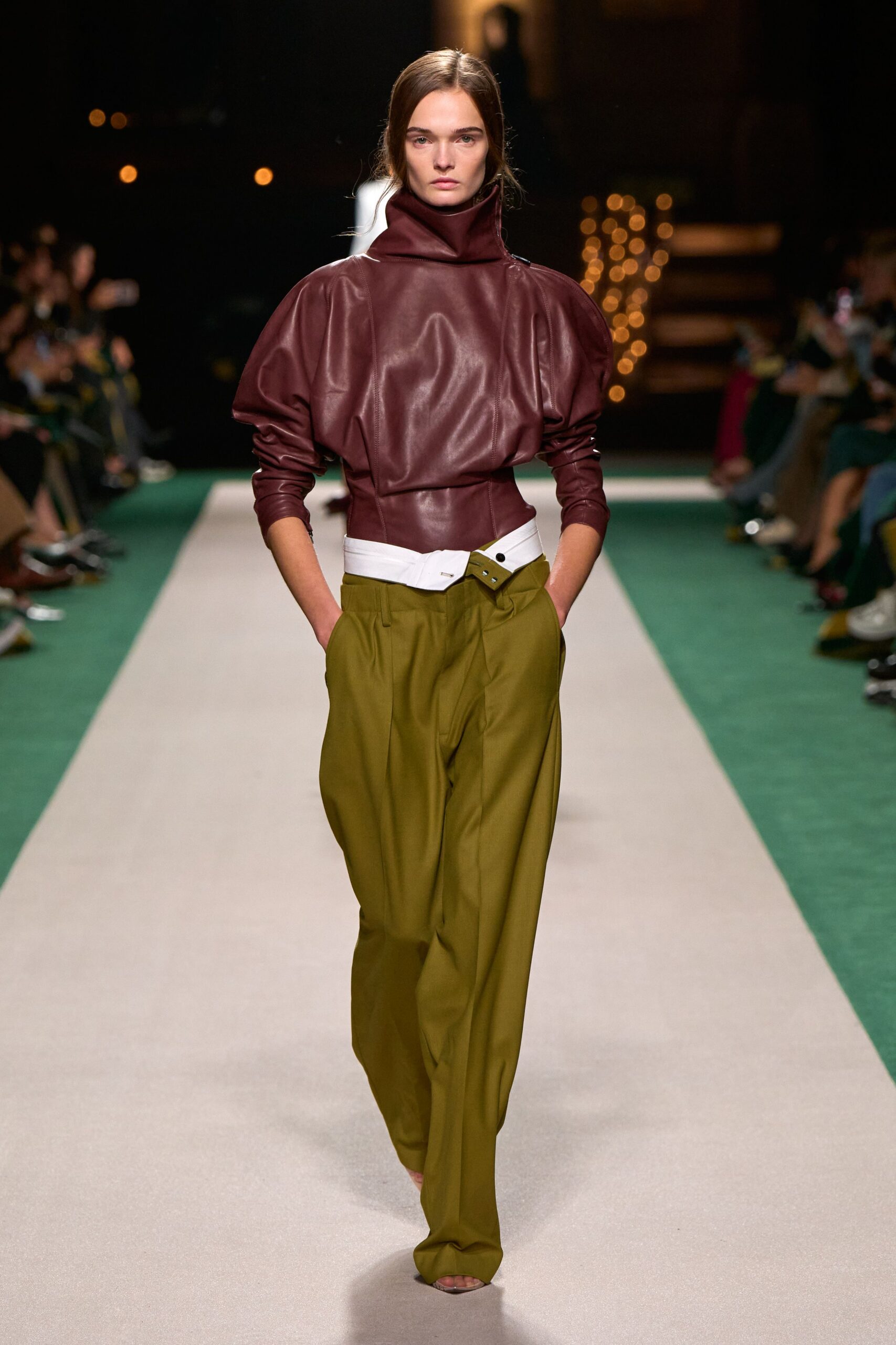 maroon leather long-sleeve high-neck fitted padded top