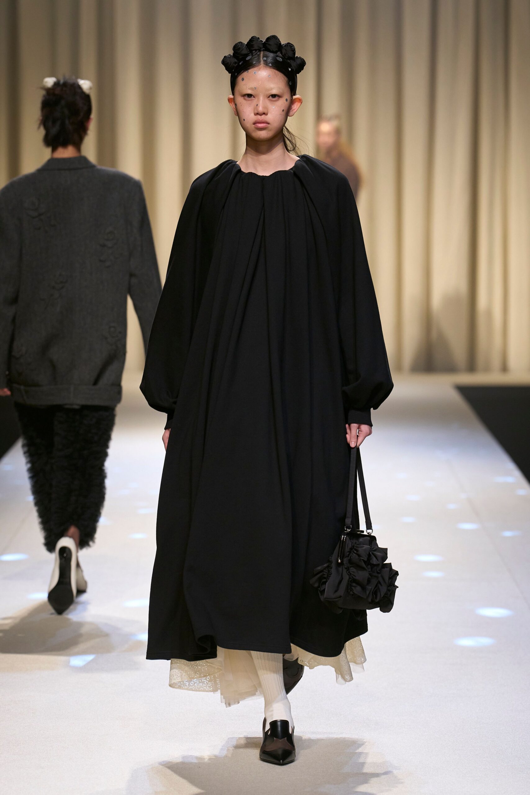 black cotton long-sleeve collared relaxed draped maxi dress
