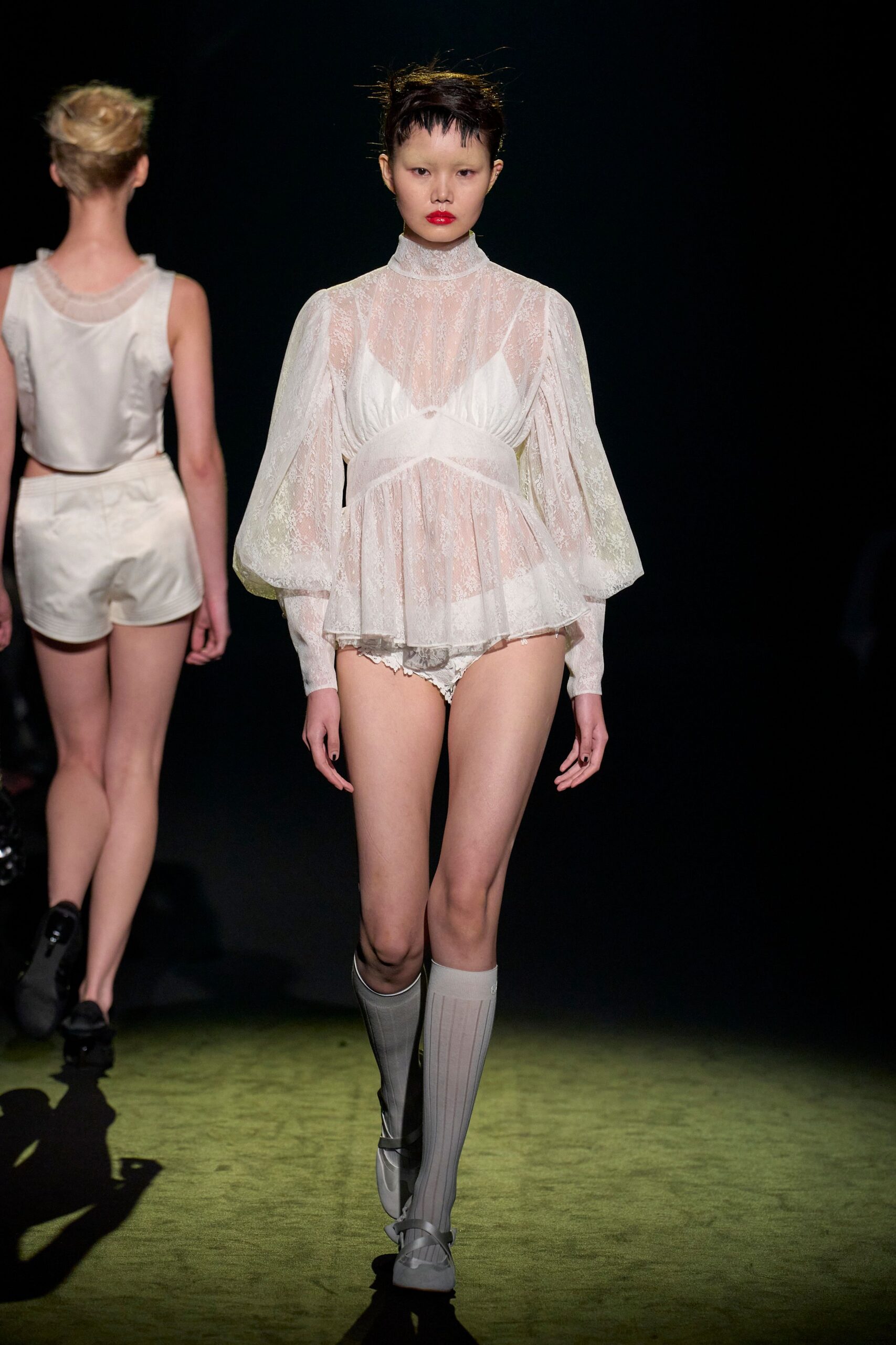 white lace long-sleeve v-neck fitted ruffled sheer blouse
