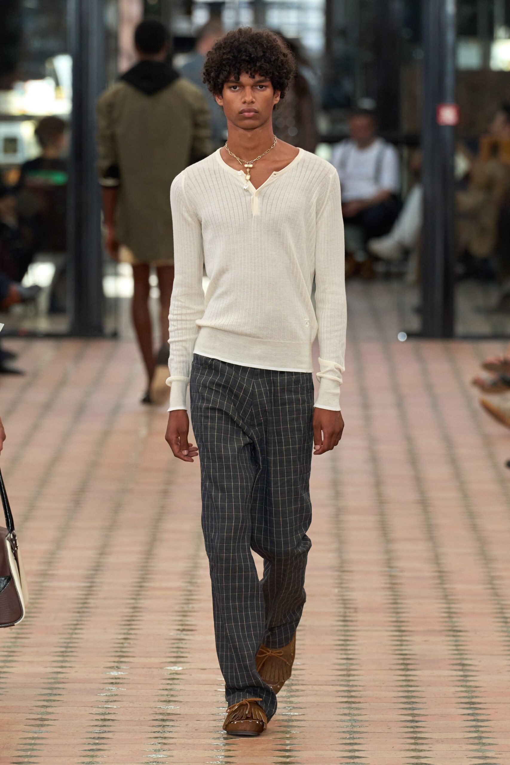 white fitted shirt with blue checked pants