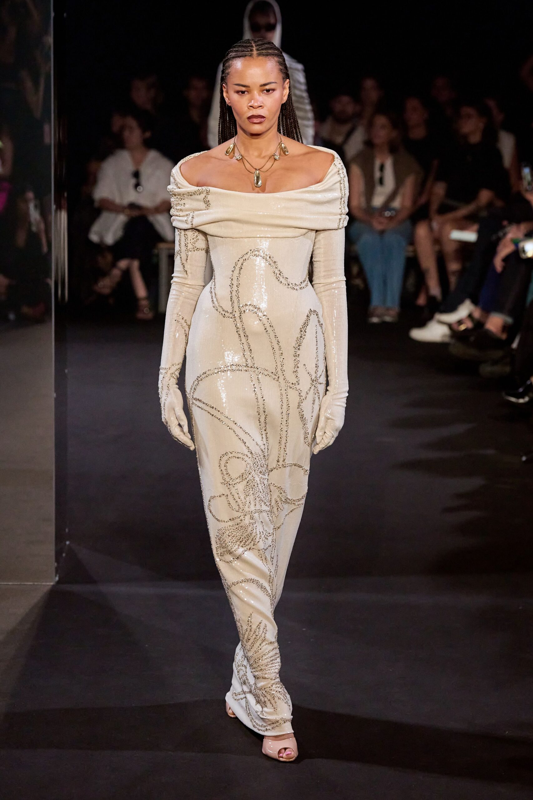 beige silk long-sleeve off-shoulder fitted embroidered sequined gown