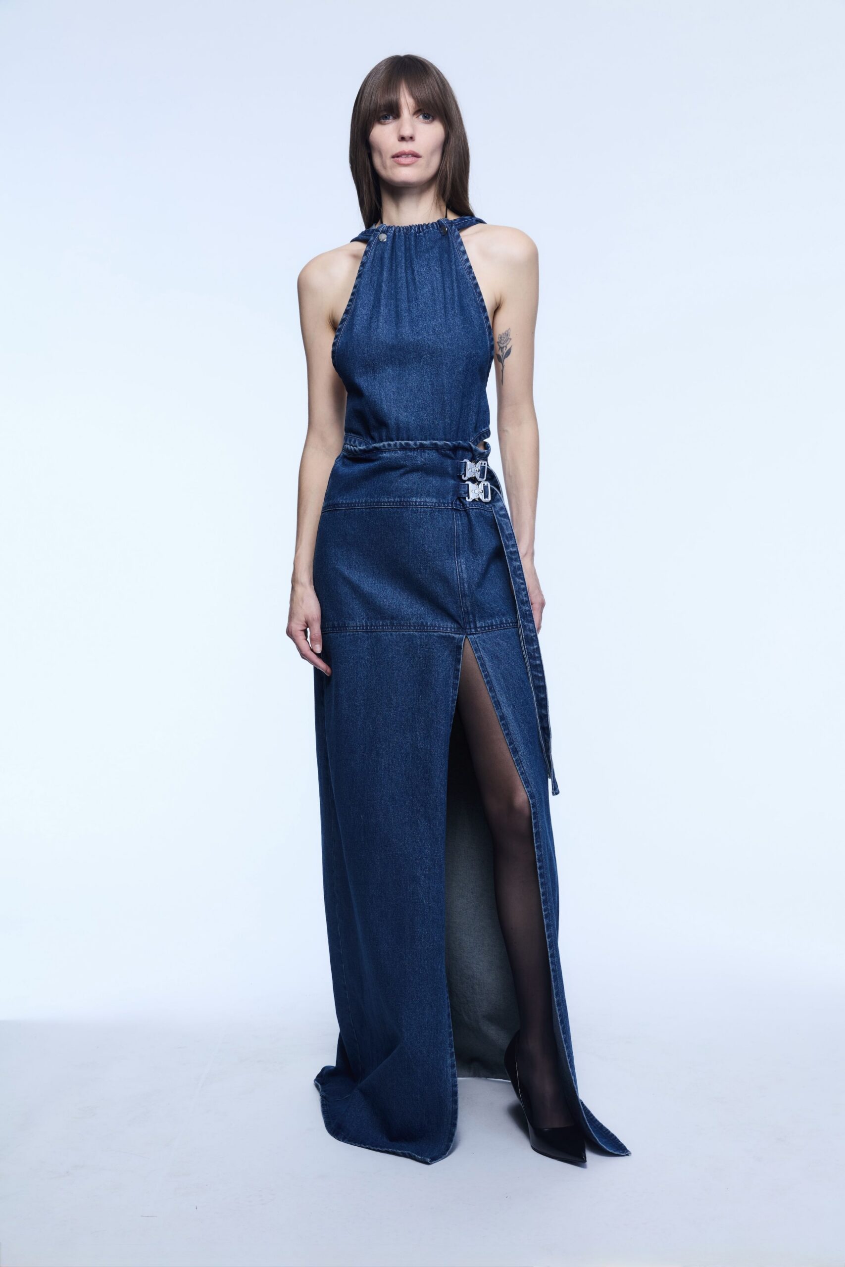 blue denim sleeveless high-neck fitted belted maxi dress