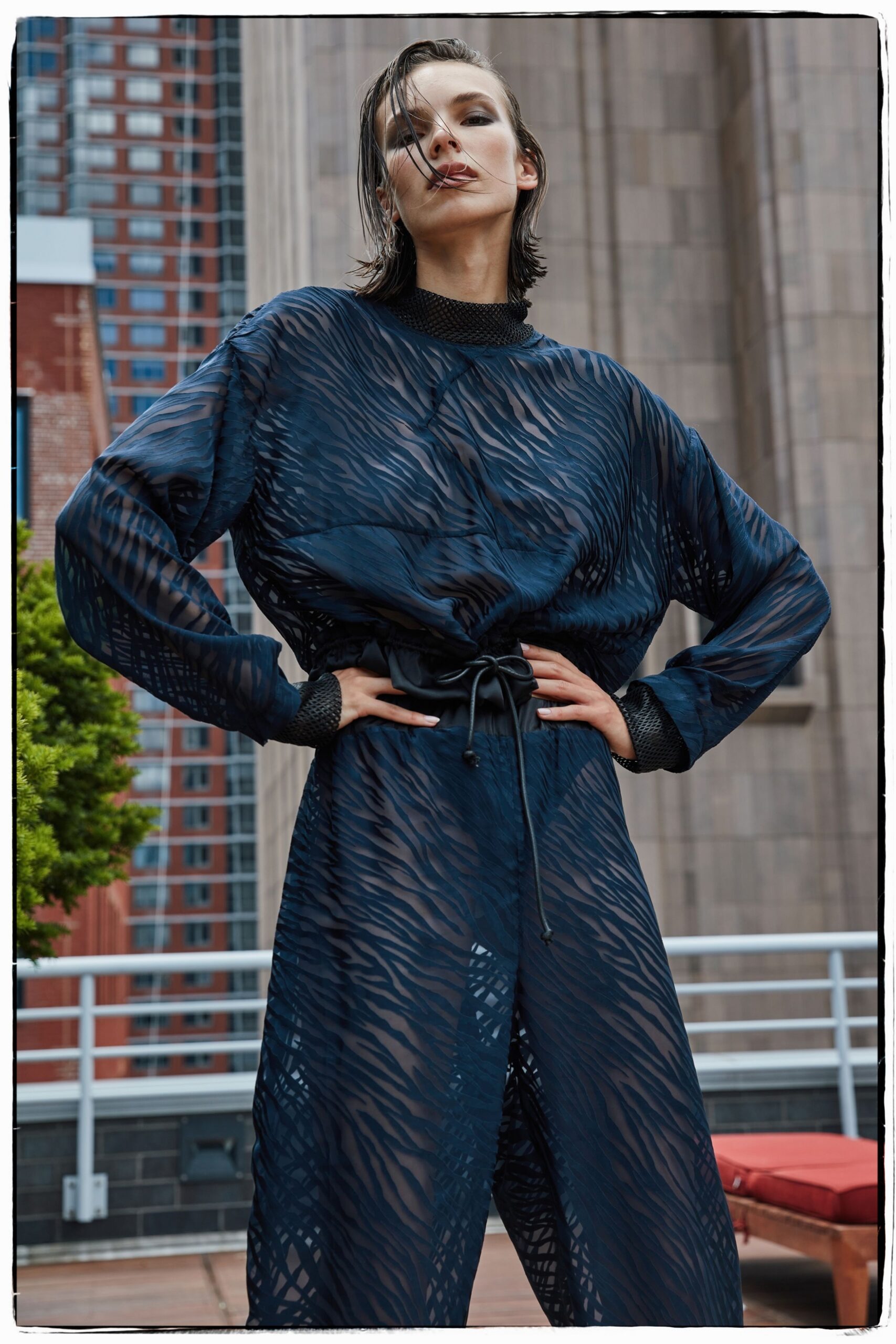 blue mesh relaxed jumpsuit