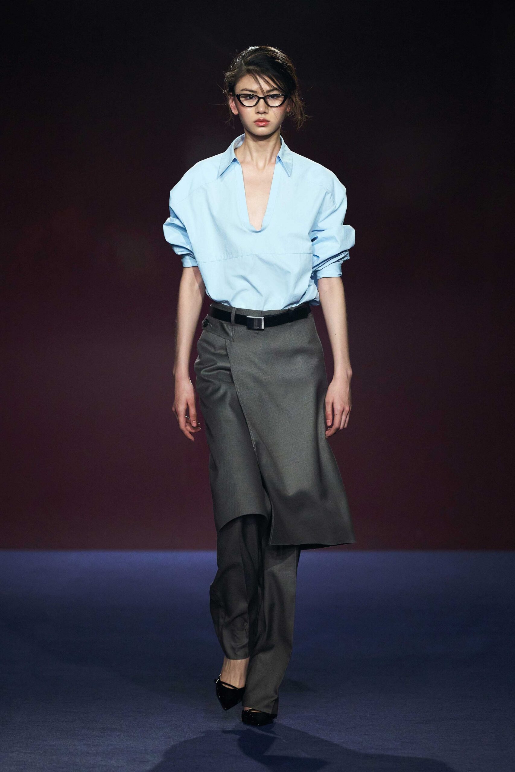 blue relaxed shirt gray pants