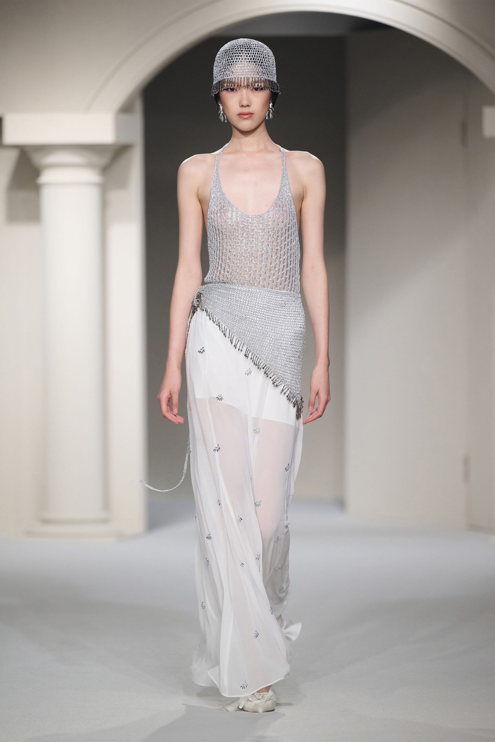 white silk sleeveless v-neck fitted layered fringed gown