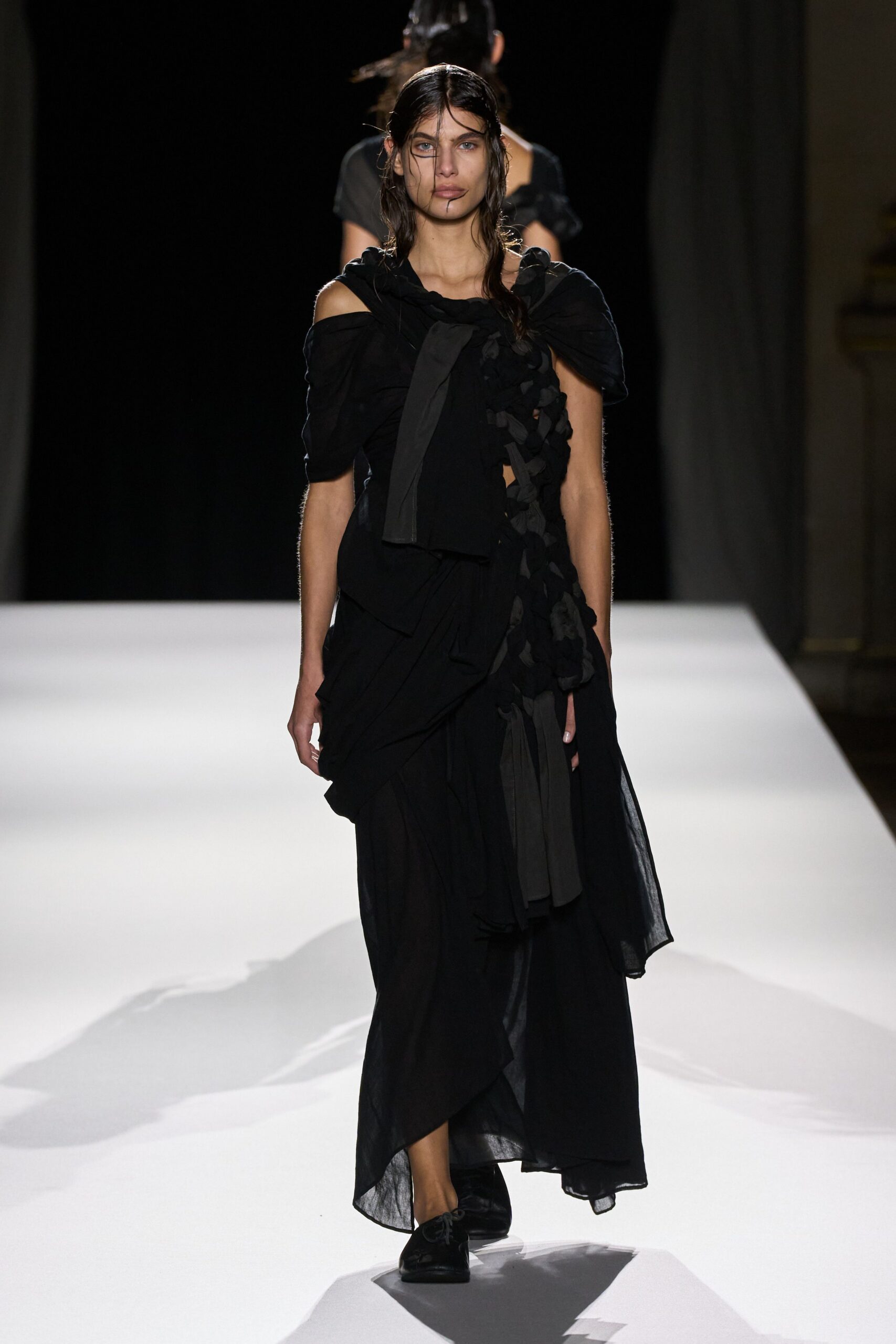 black silk off-shoulder long-sleeve fitted ruffled layered dress