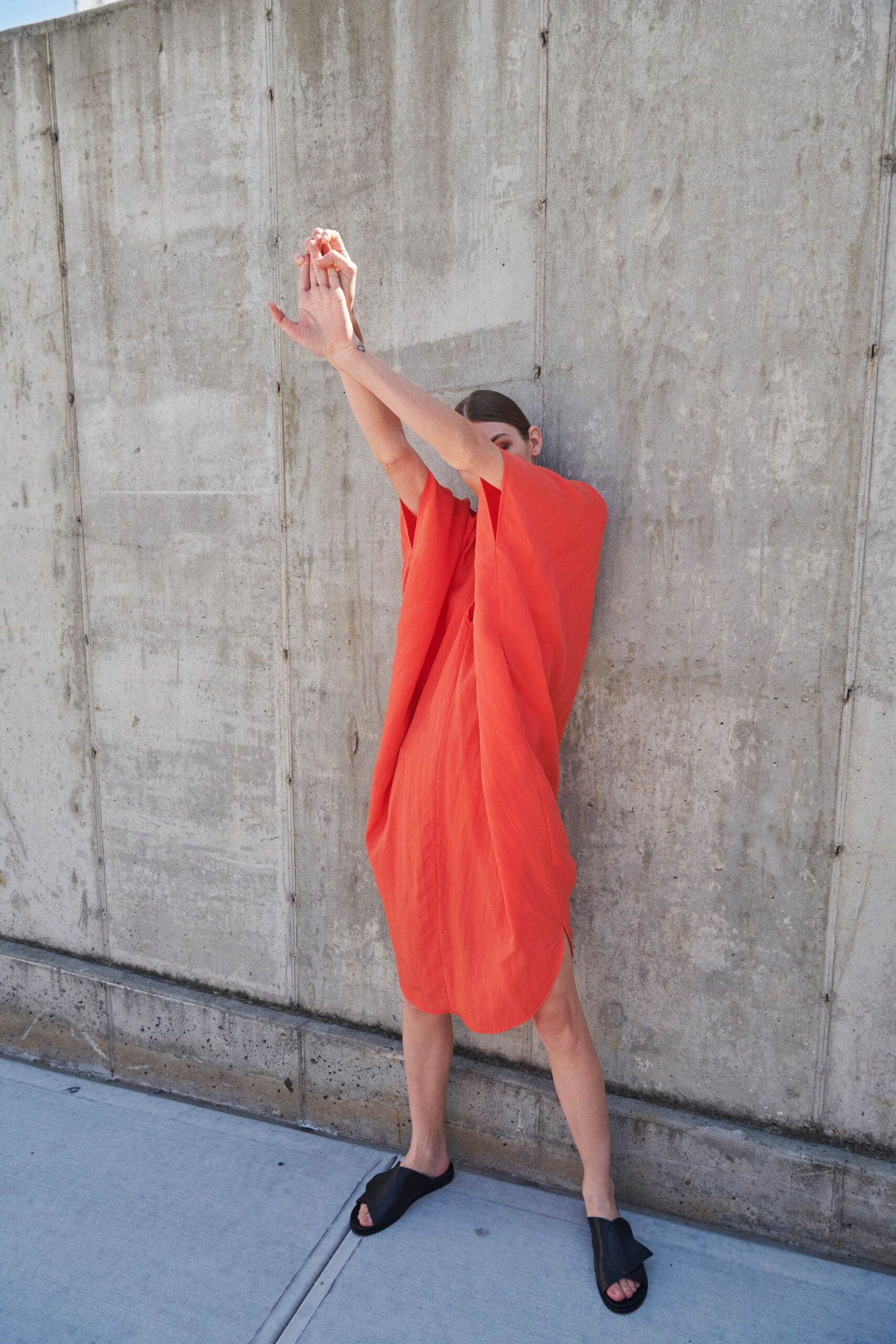 orange cotton sleeveless asymmetric relaxed draped mini dress