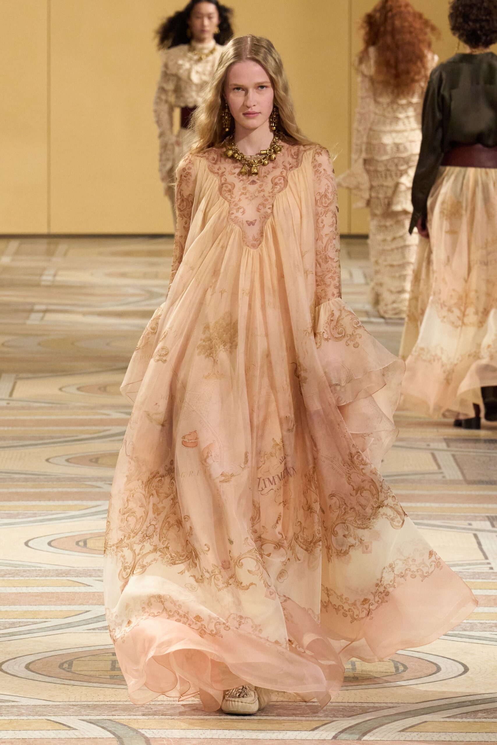 peach silk embroidered gown