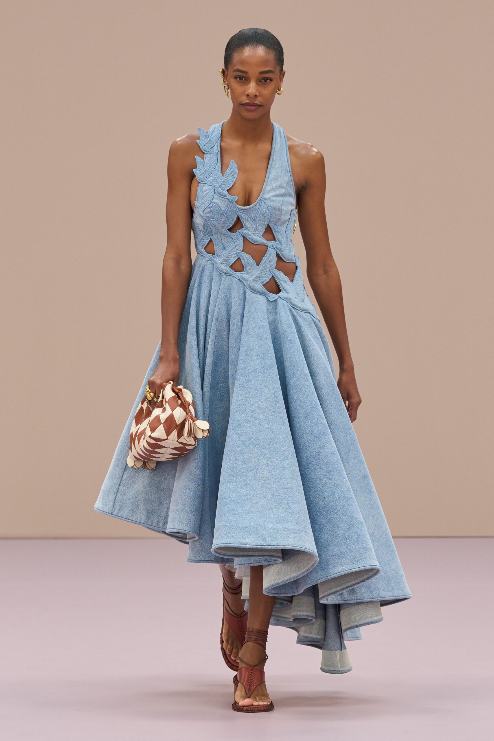 blue denim sleeveless v-neck fitted flared midi dress