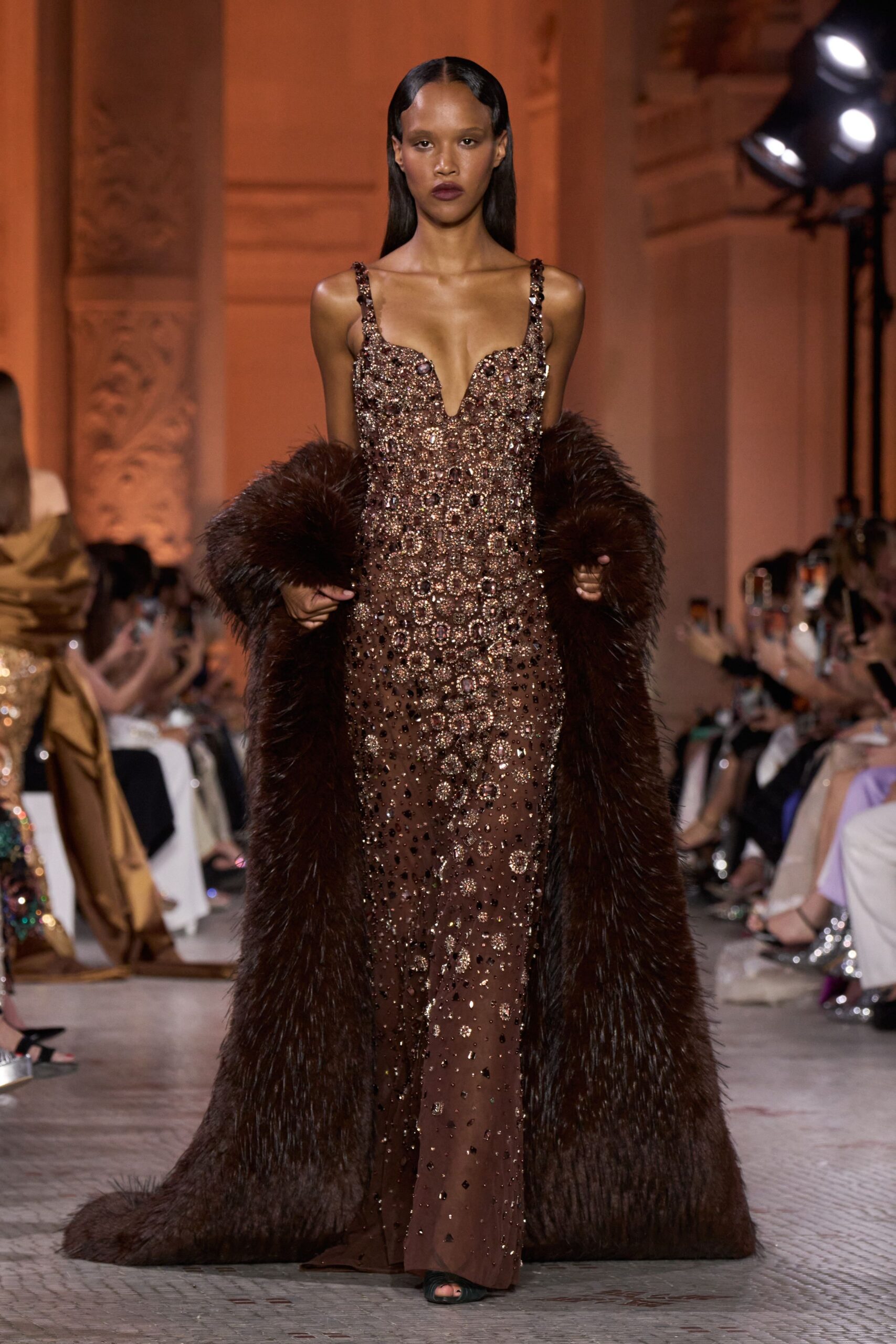 brown beaded sleeveless gown
