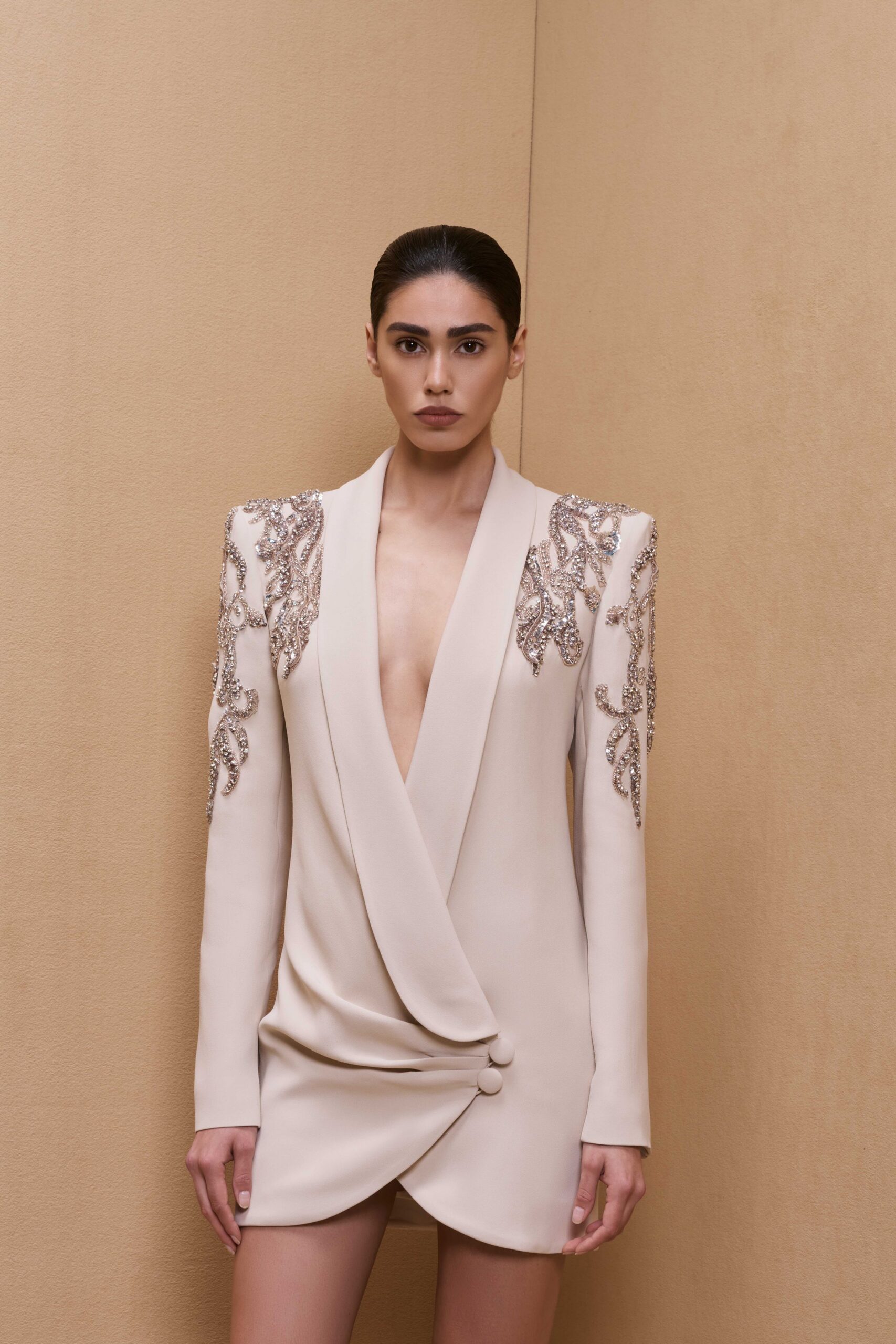 beige fitted embroidered blazer