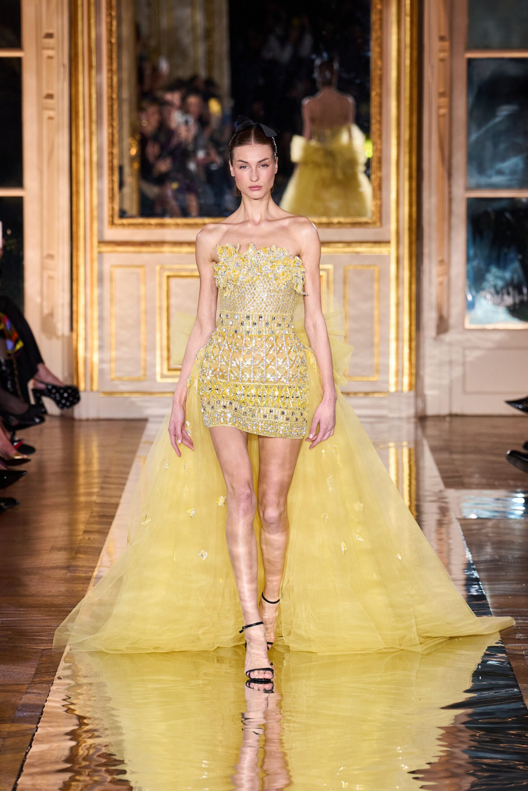yellow tulle sleeveless off-shoulder fitted embellished tiered dress