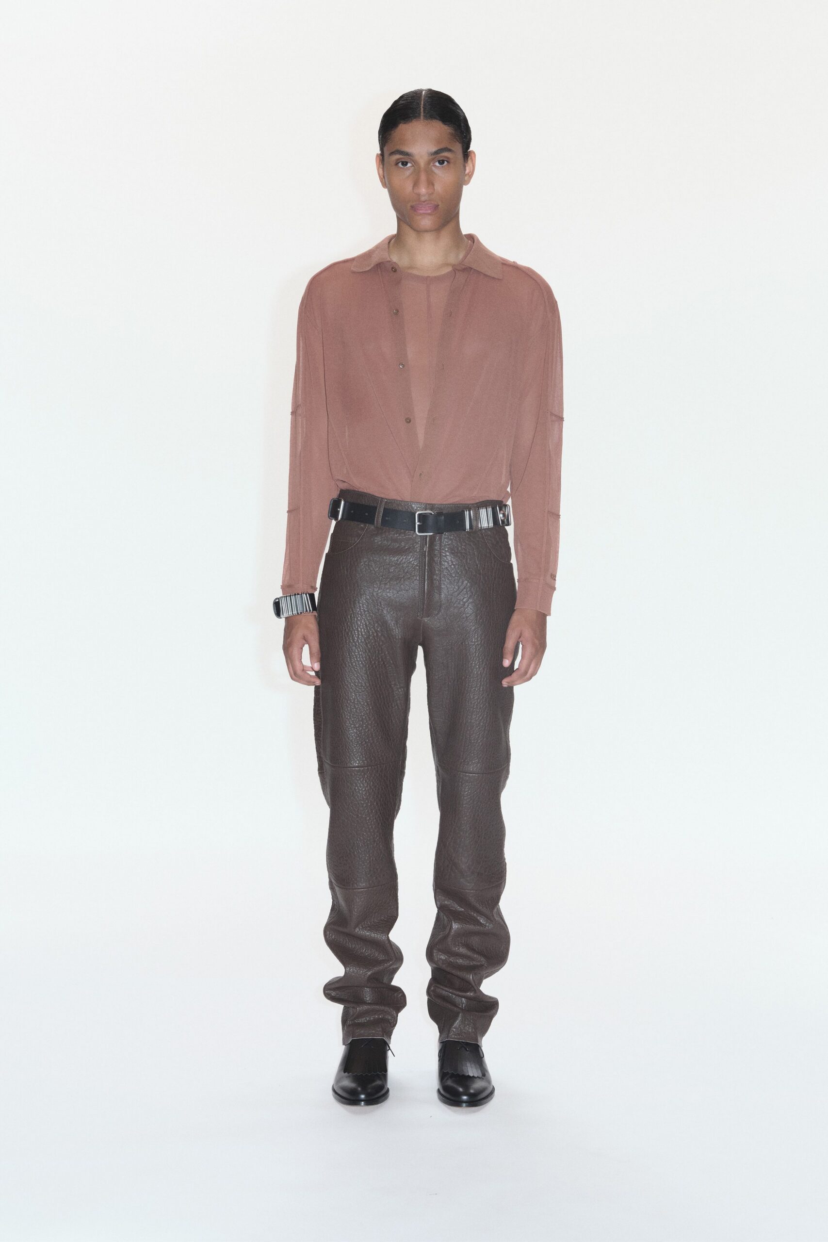 brown silk shirt with leather pants