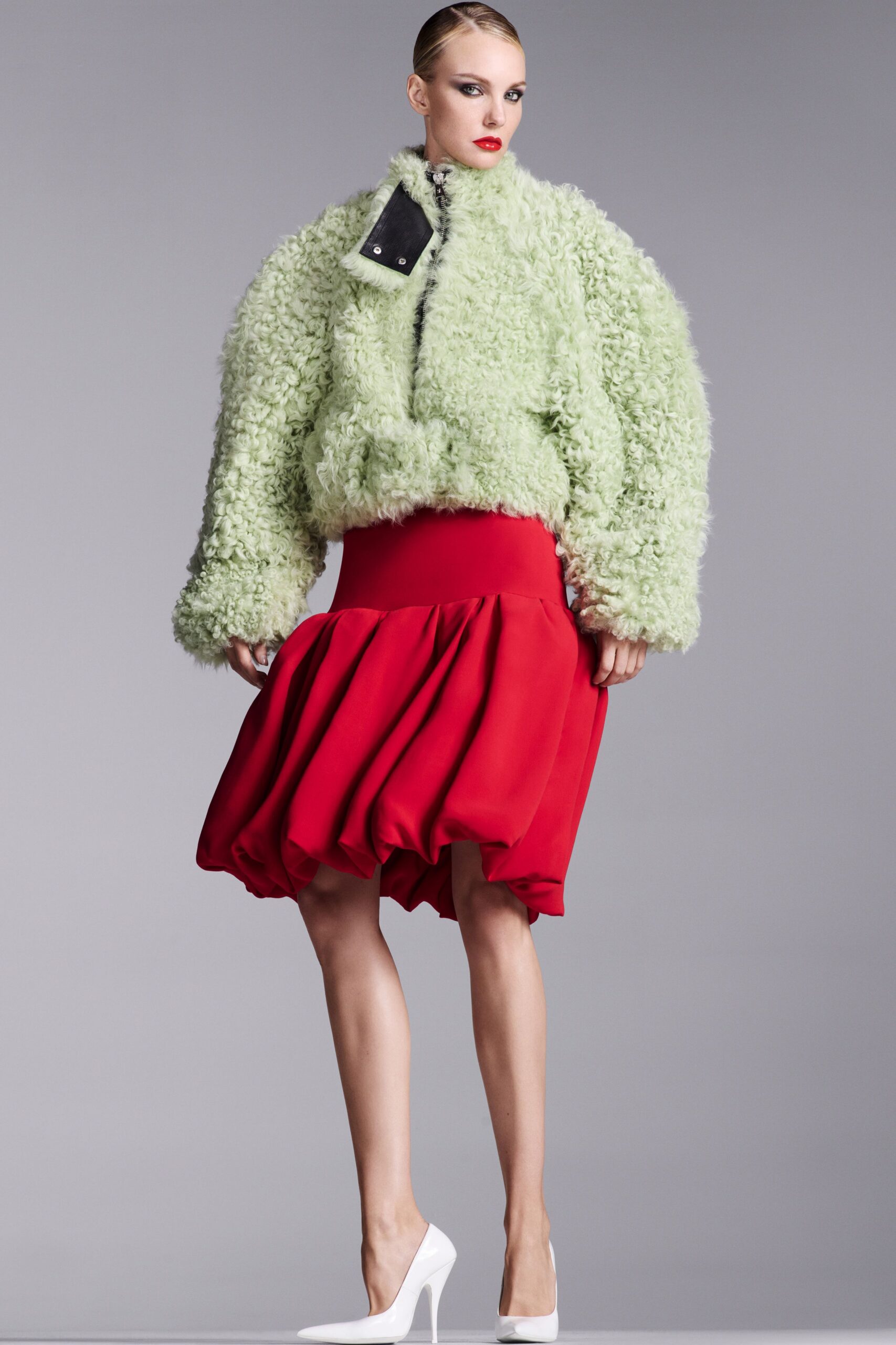 green faux-fur long-sleeve oversized textured jacket