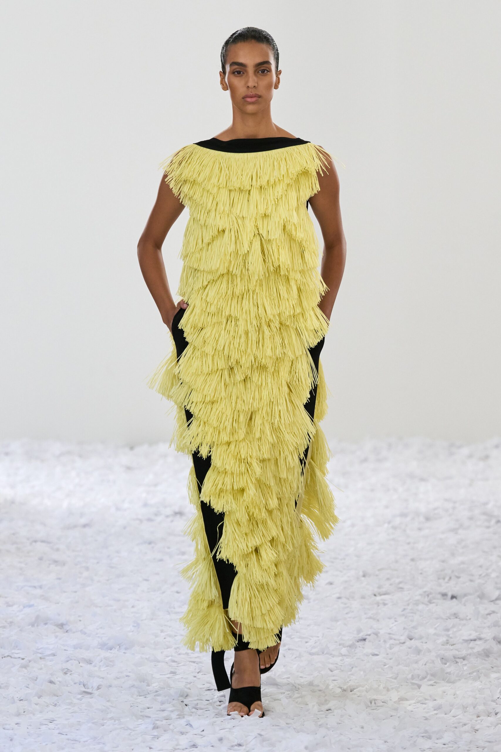 yellow silk sleeveless high-neck fitted fringed maxi gown