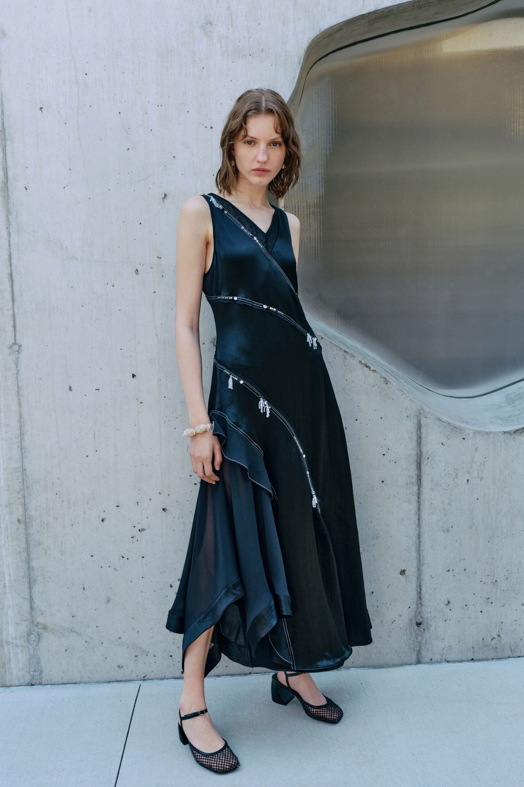 black silk sleeveless midi dress