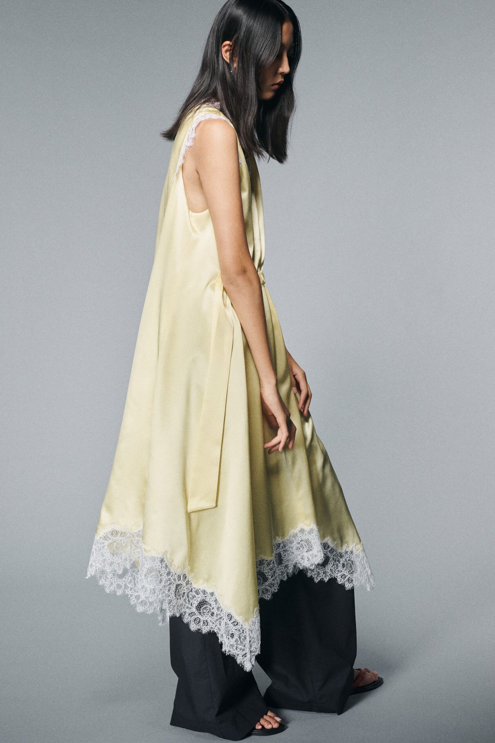 yellow silk sleeveless v-neck relaxed layered embroidered dress