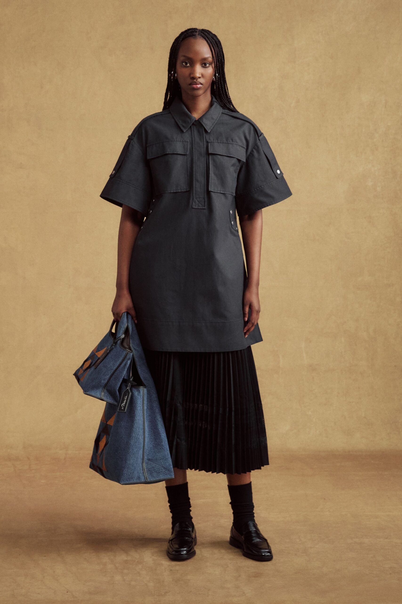 black cotton short-sleeve collared relaxed pleated midi dress