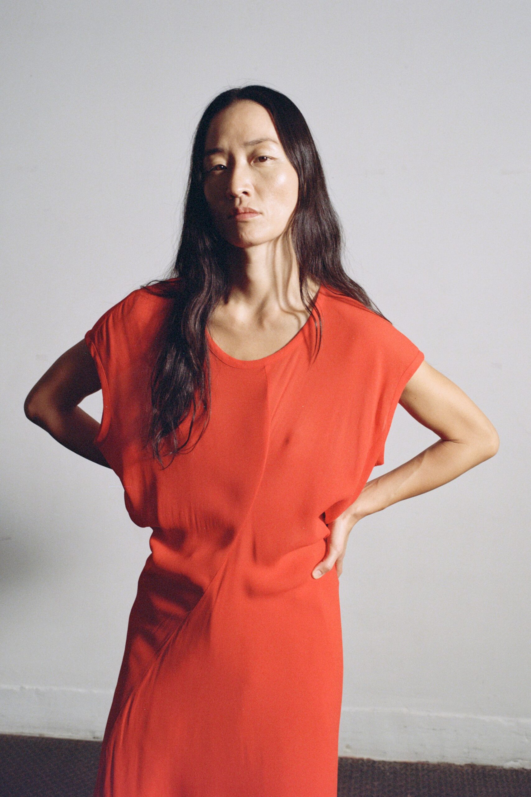 red silk sleeveless dress