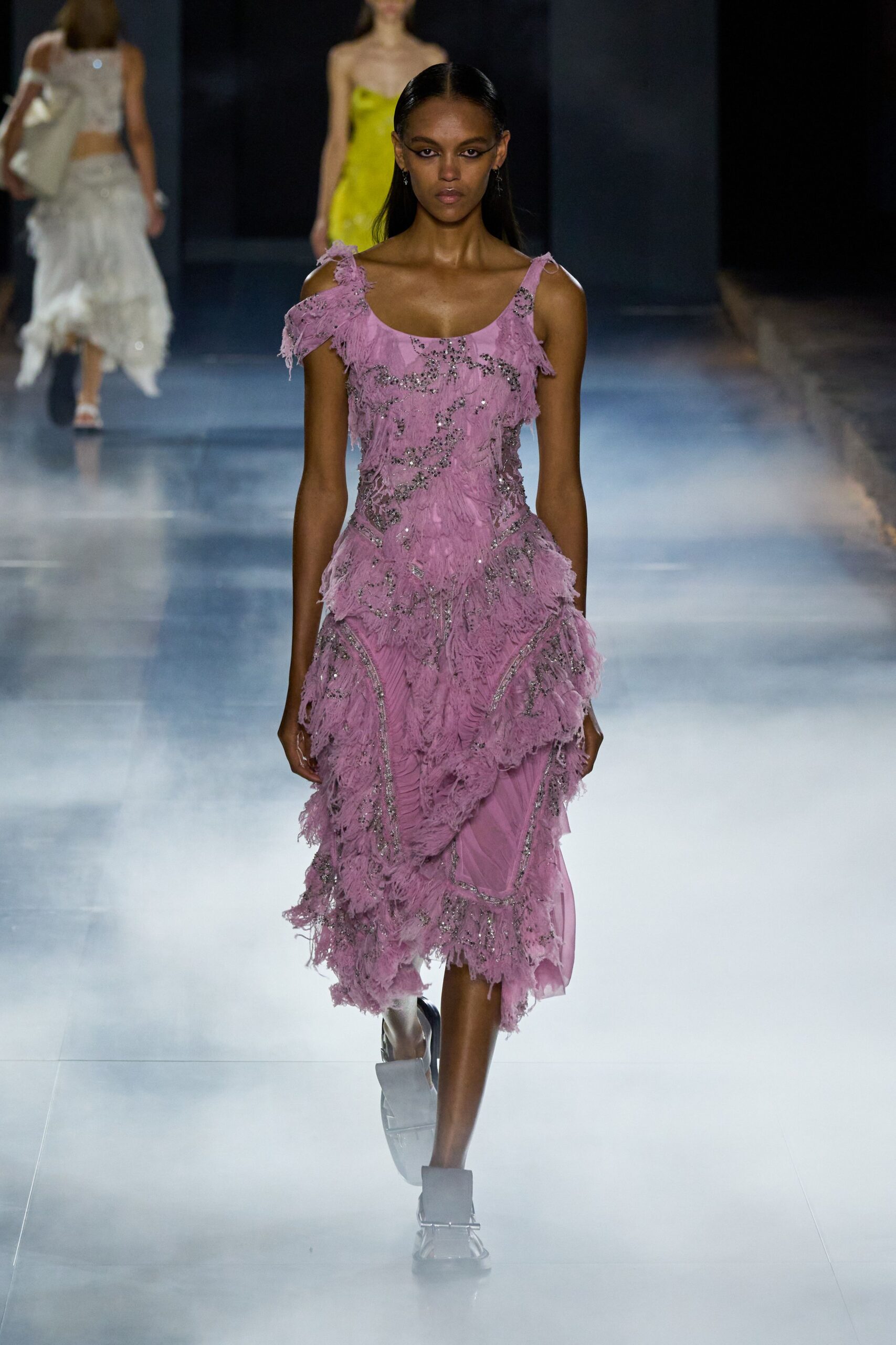 pink silk sleeveless off-shoulder fitted ruffled embroidered dress
