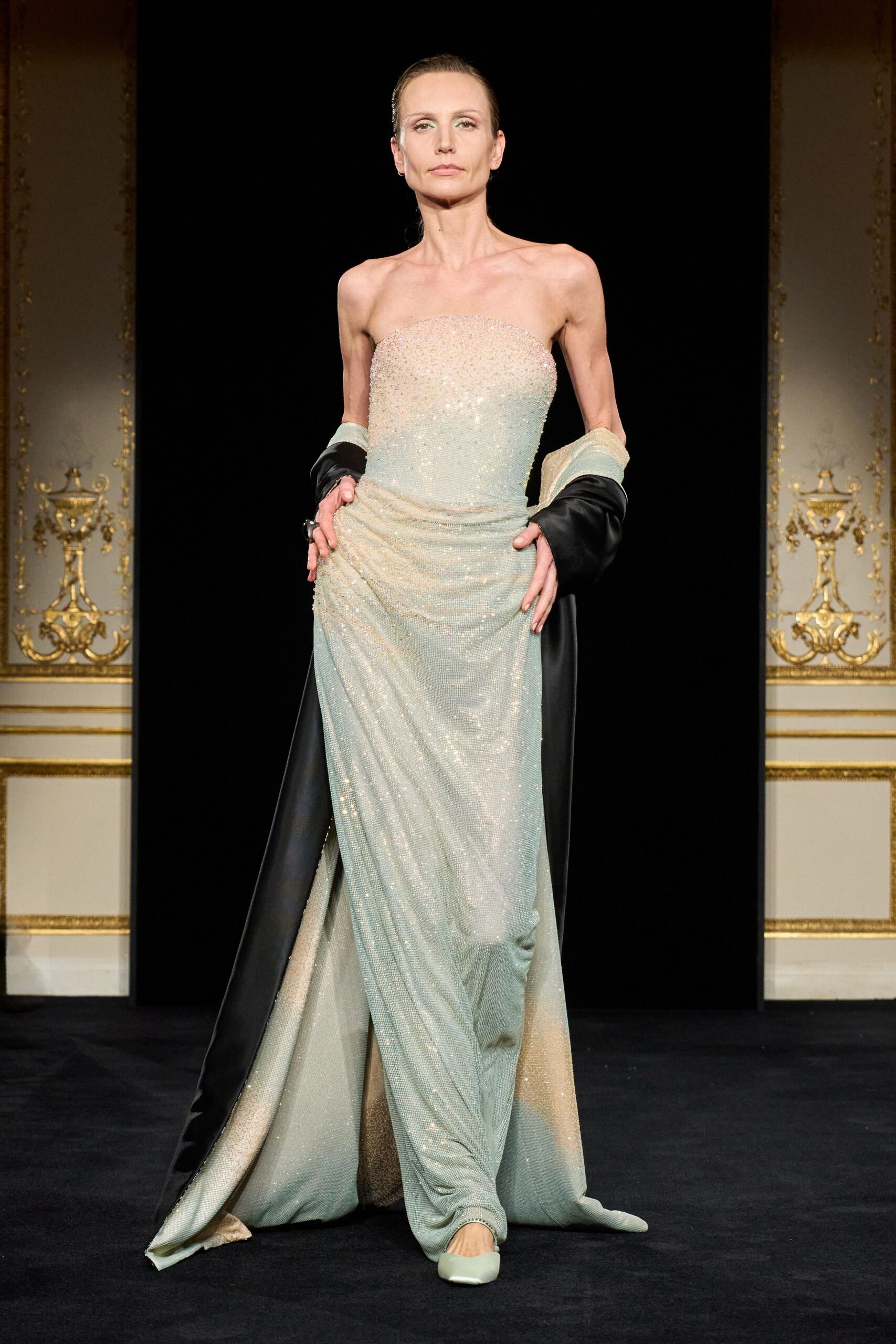 green silk strapless fitted sequined draped shiny gown