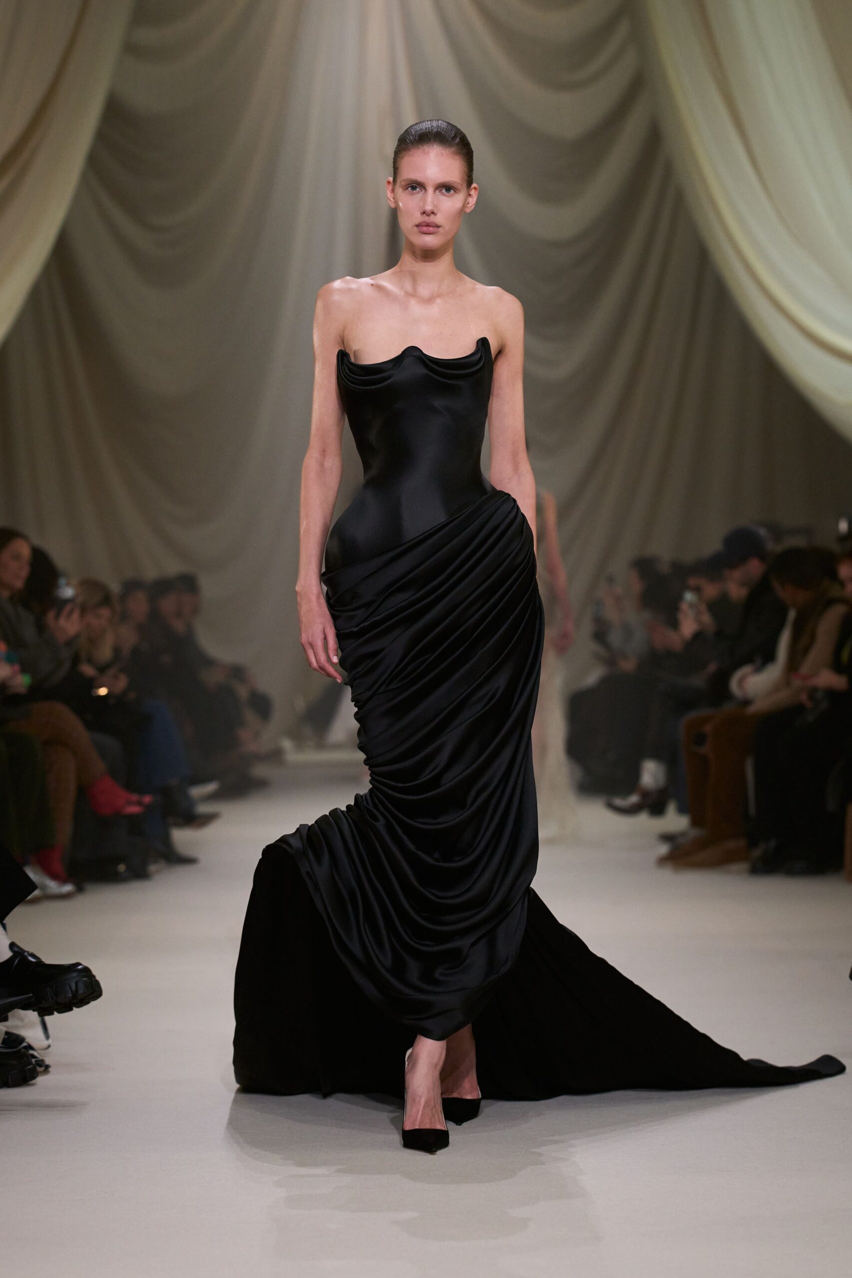 black silk strapless gown