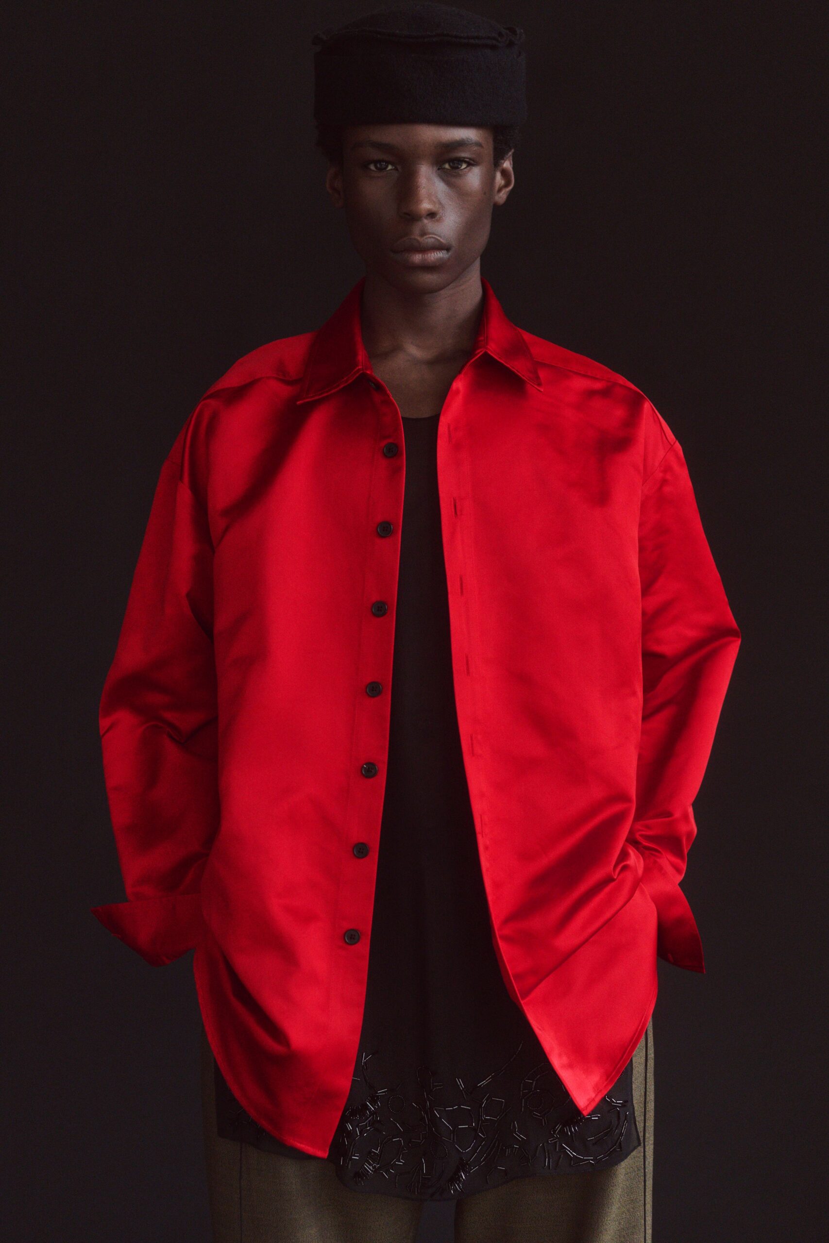 red silk long-sleeve collared relaxed shirt
