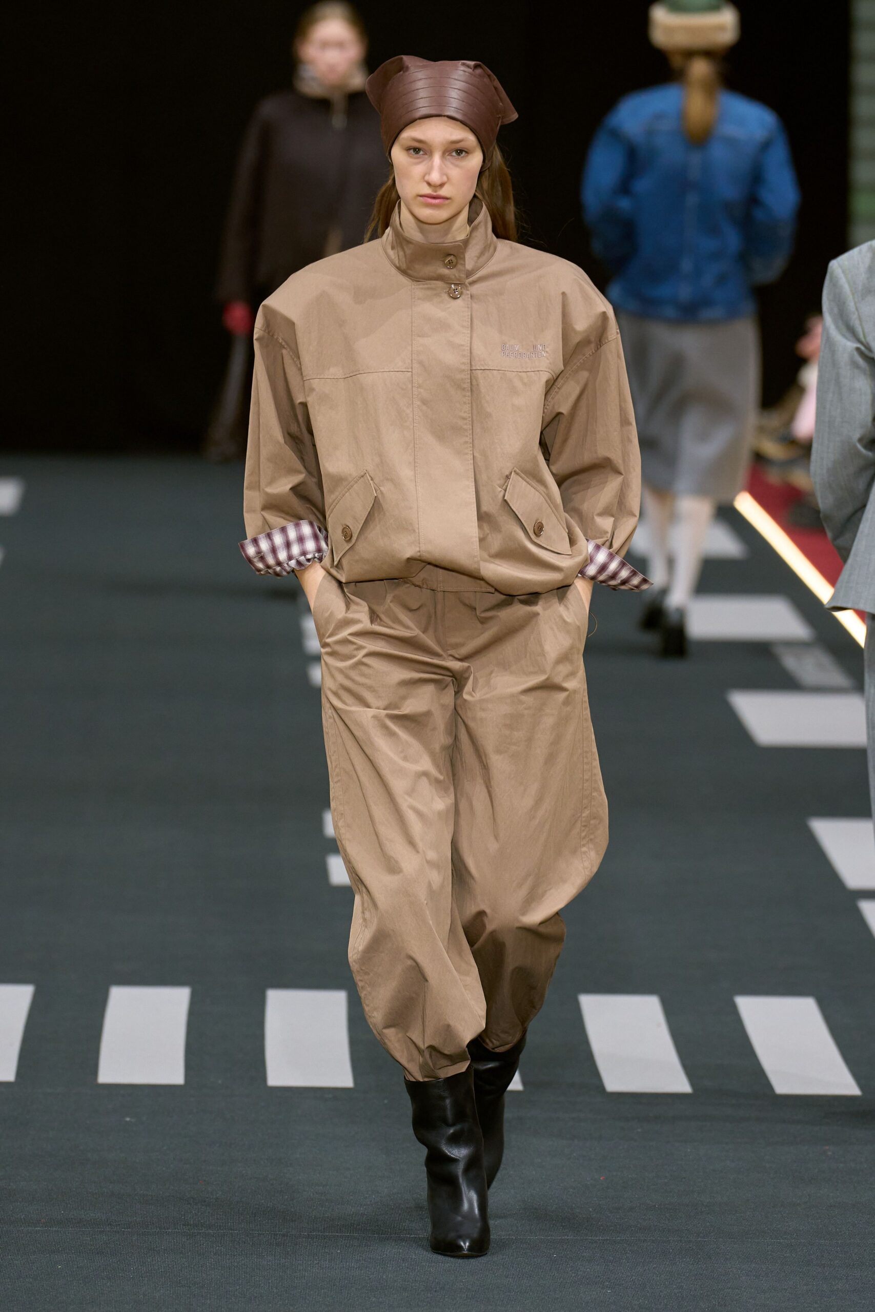 brown cotton long-sleeve collared relaxed zippered pockets jumpsuit
