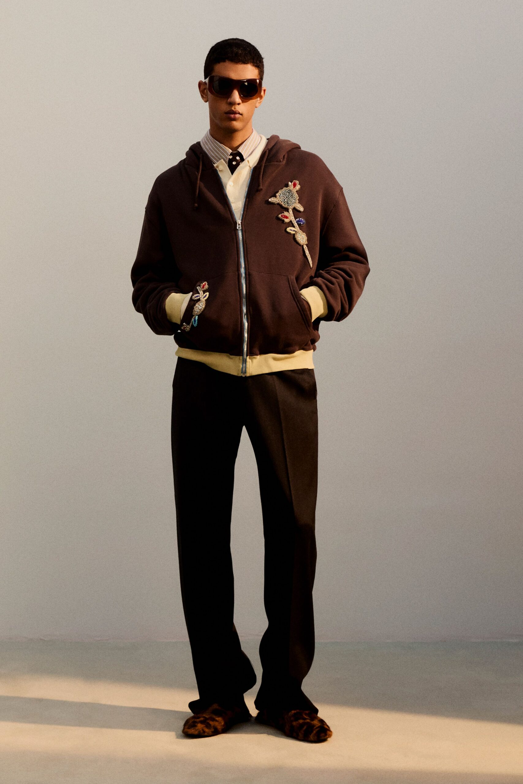 brown hoodie with embroidered details
