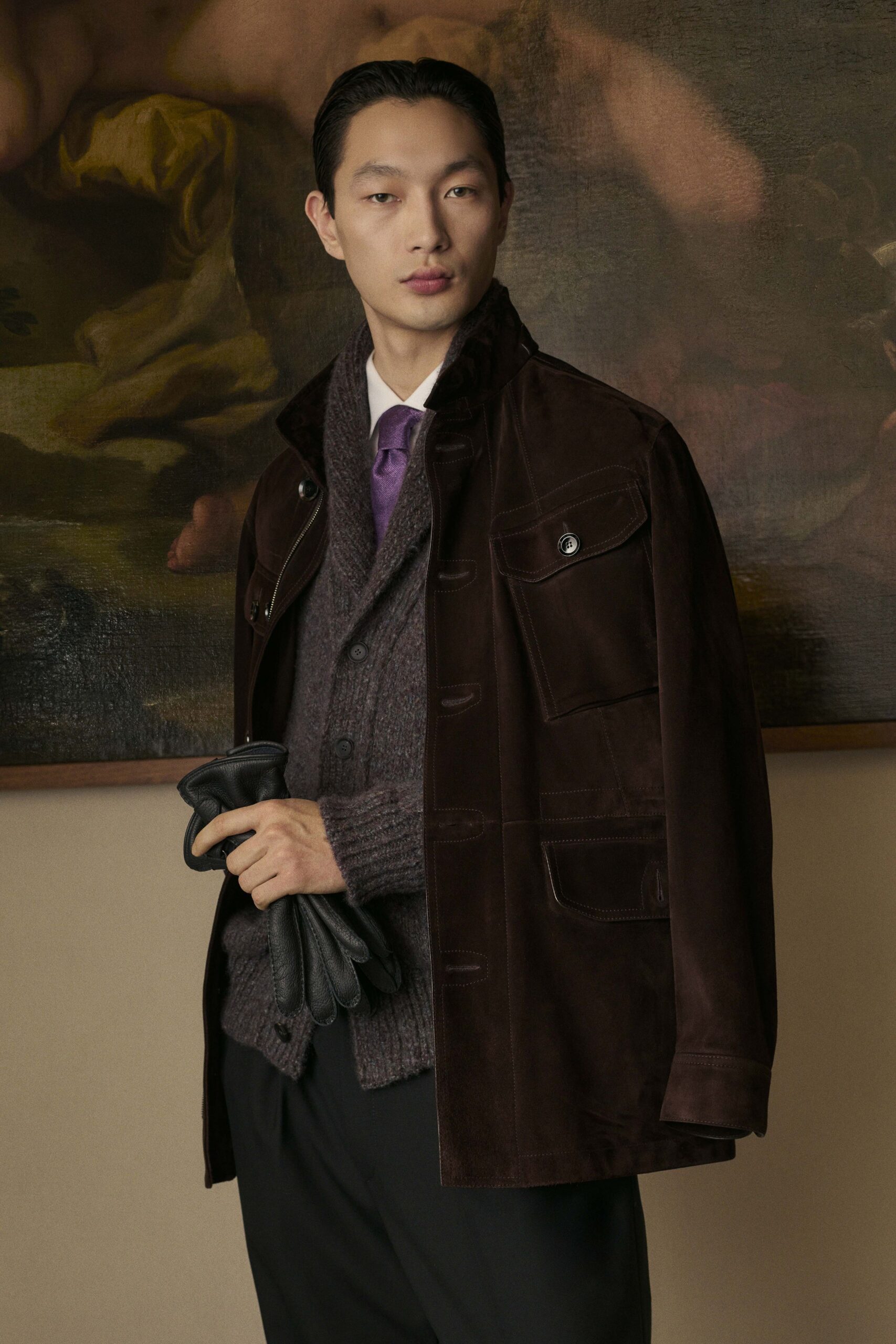 brown suede long-sleeve collared structured buttoned pockets jacket