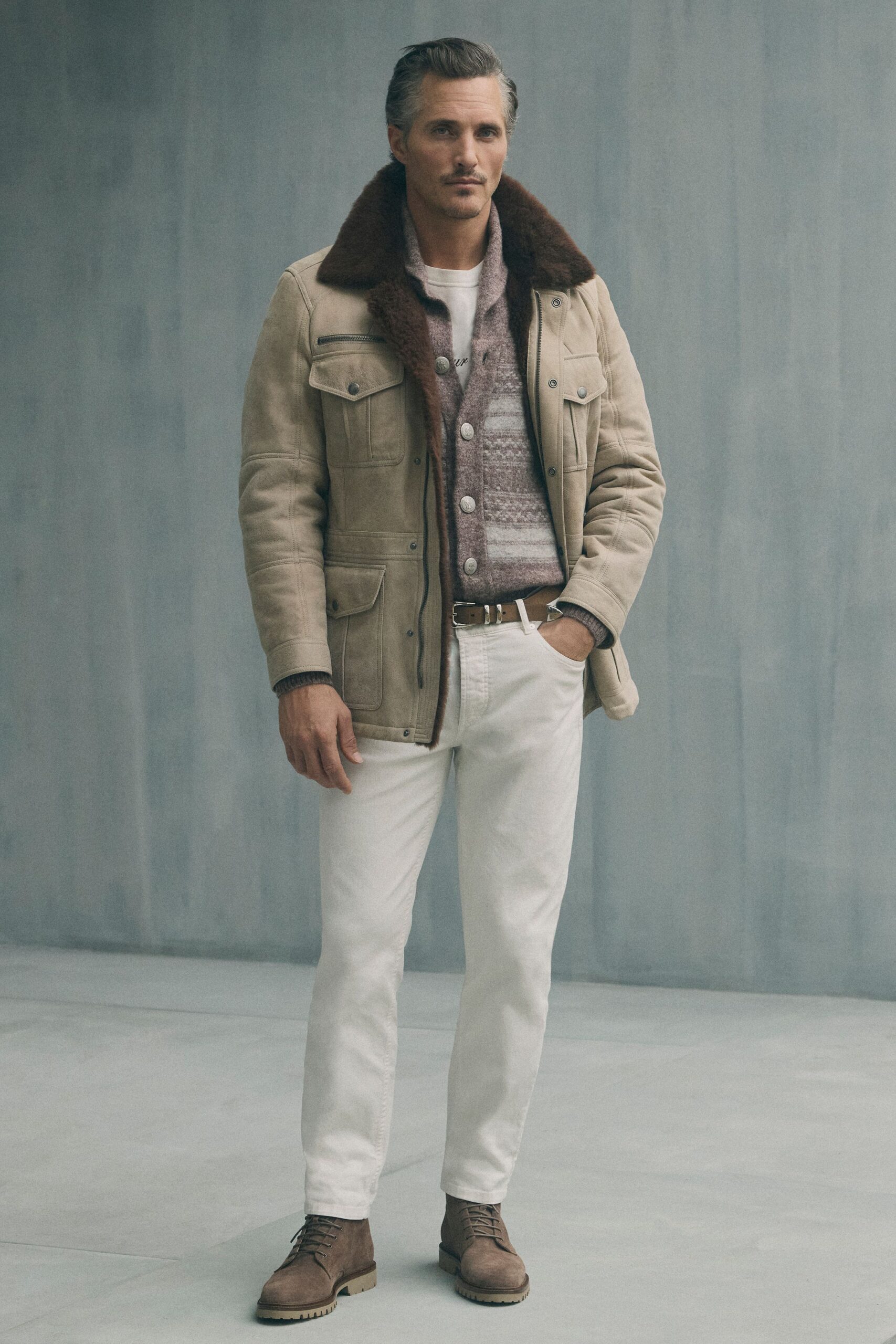 beige suede long-sleeve collared structured buttoned jacket