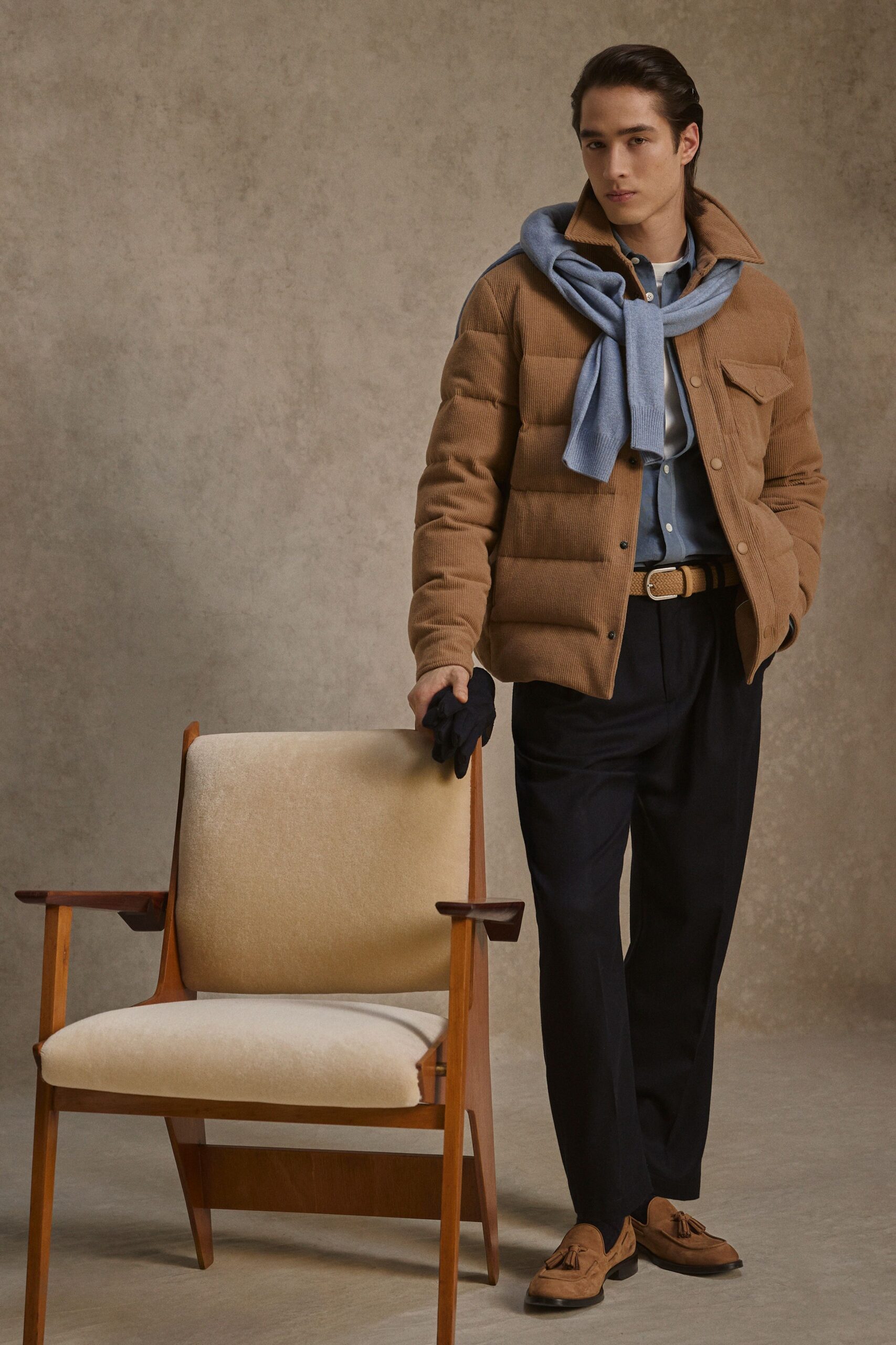 brown relaxed jacket with blue shirt