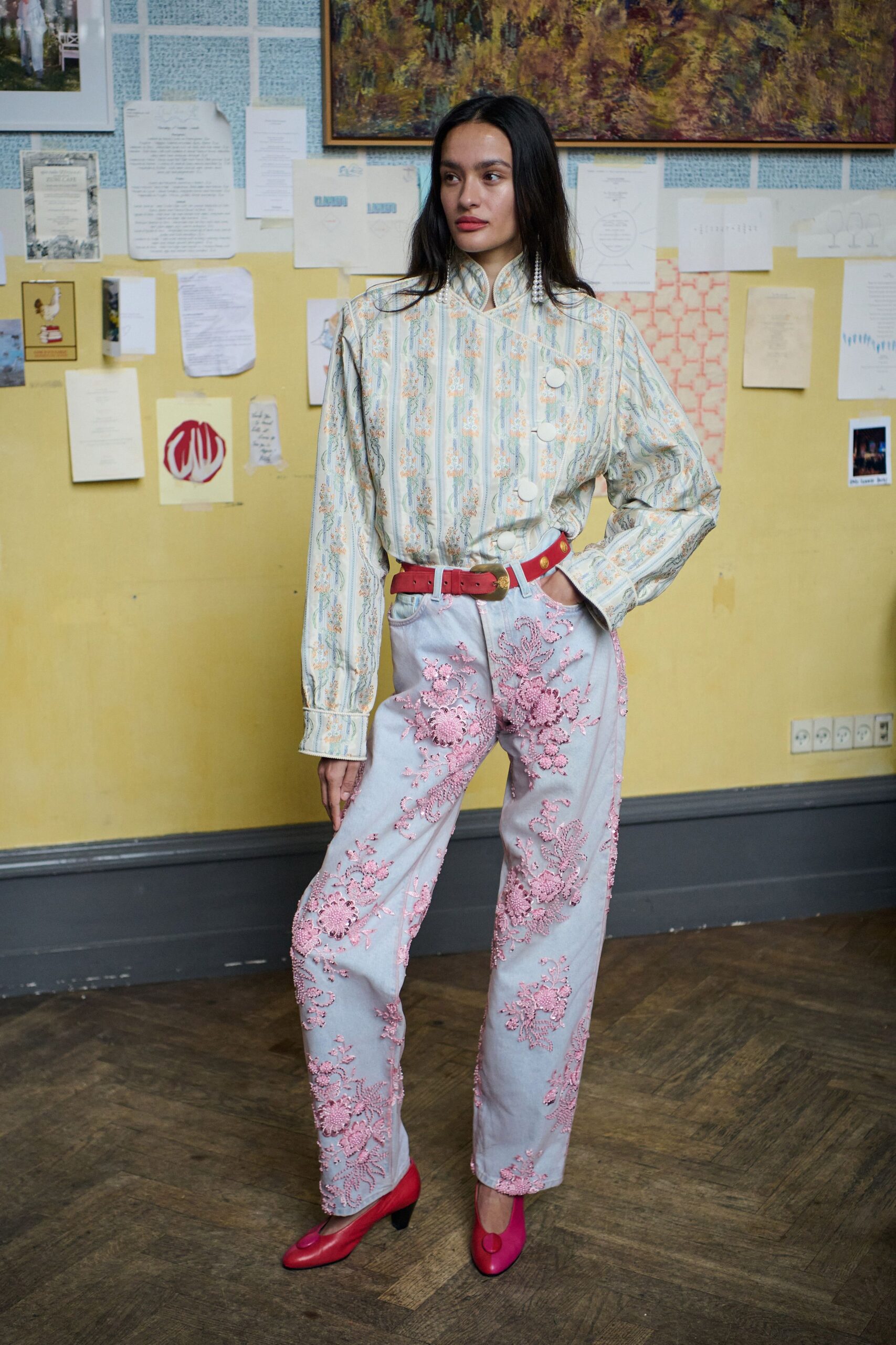 blue printed shirt gray embroidered pants