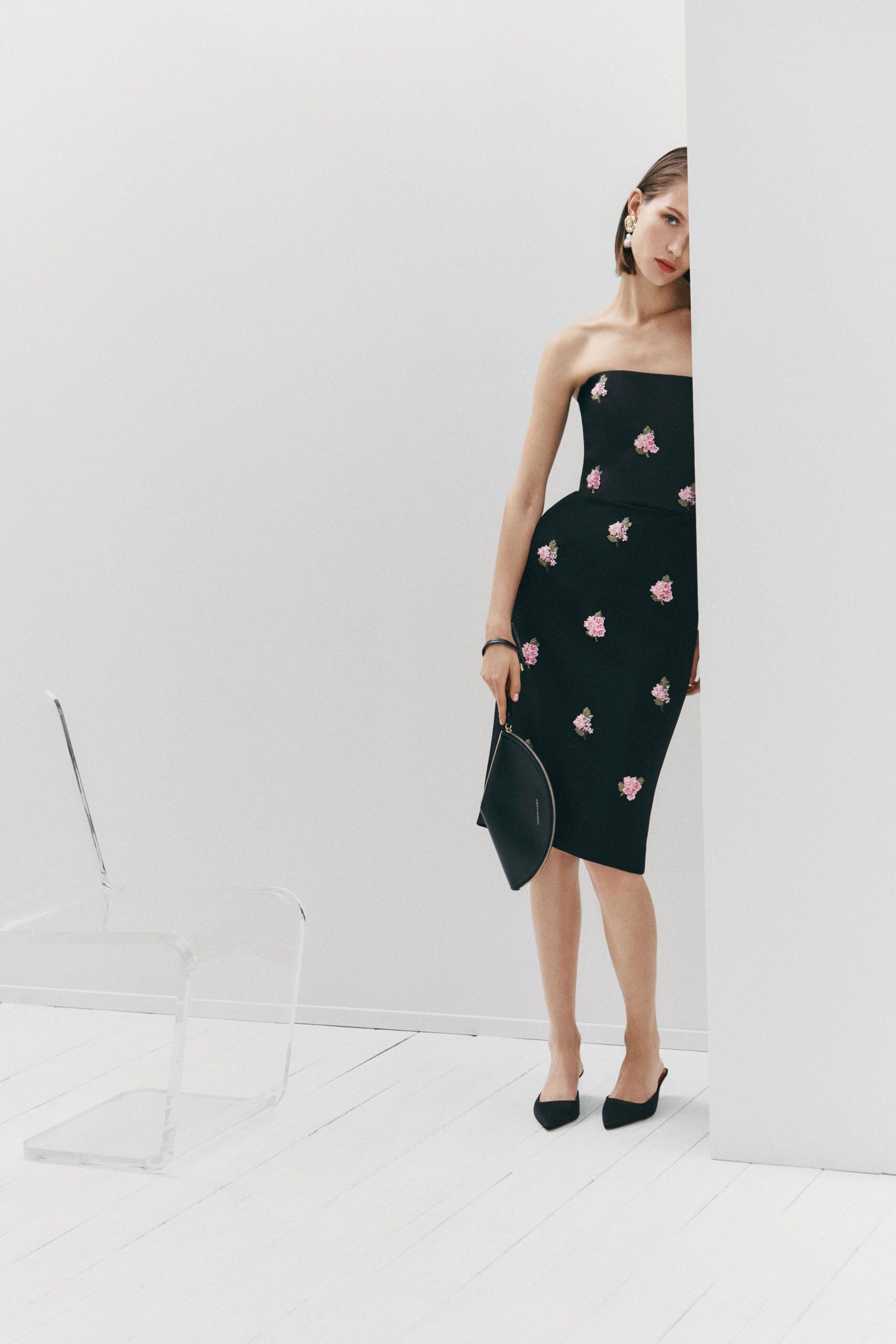 black cotton strapless fitted embroidered midi dress