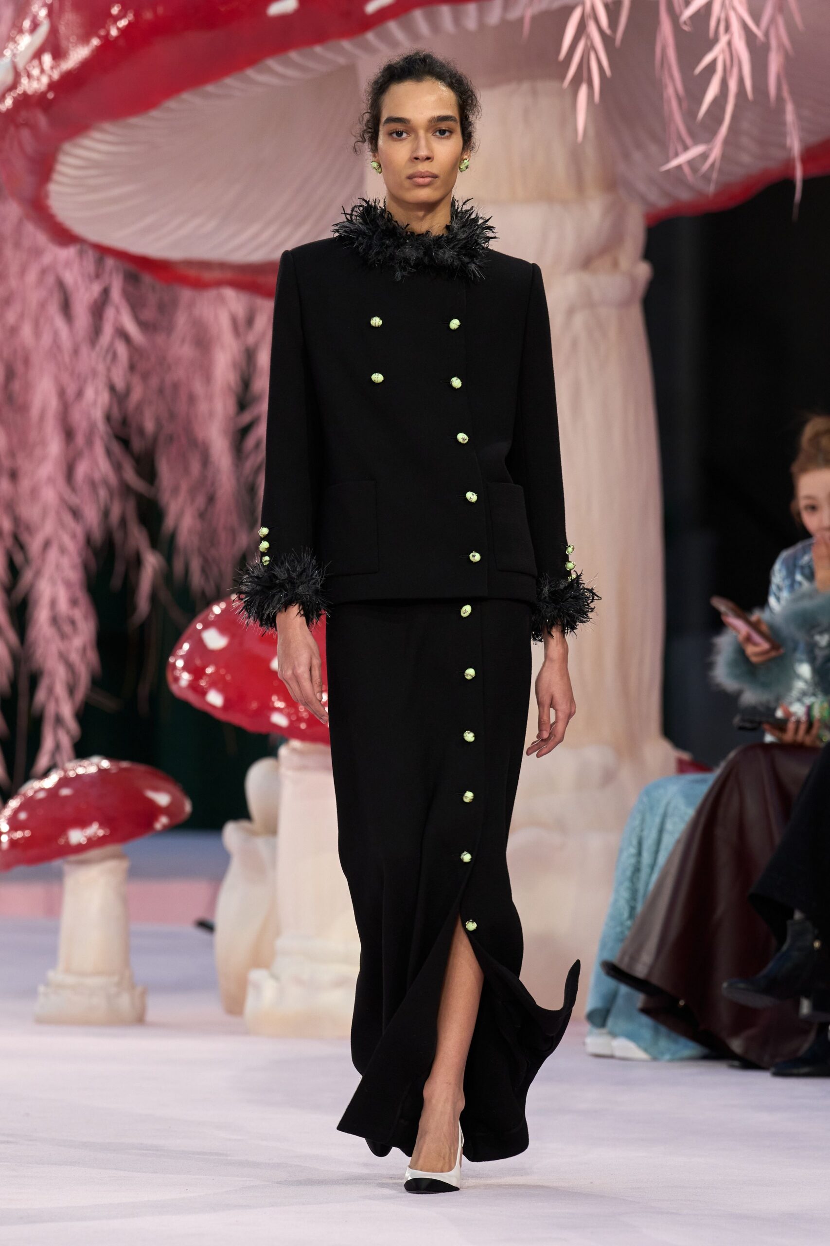 black wool long-sleeve slit fitted buttoned maxi skirt