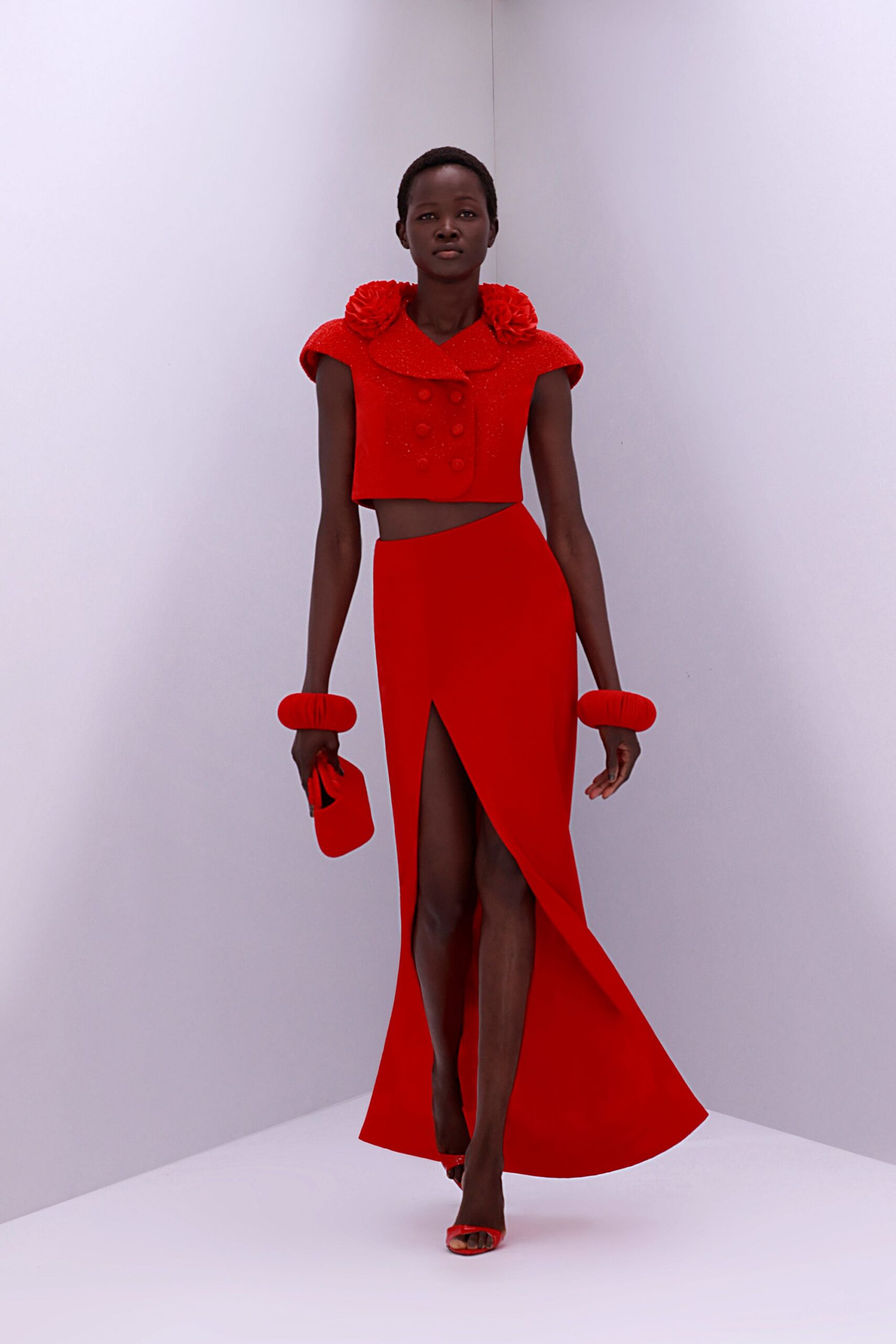 red wool slit asymmetric fitted high-waisted midi skirt