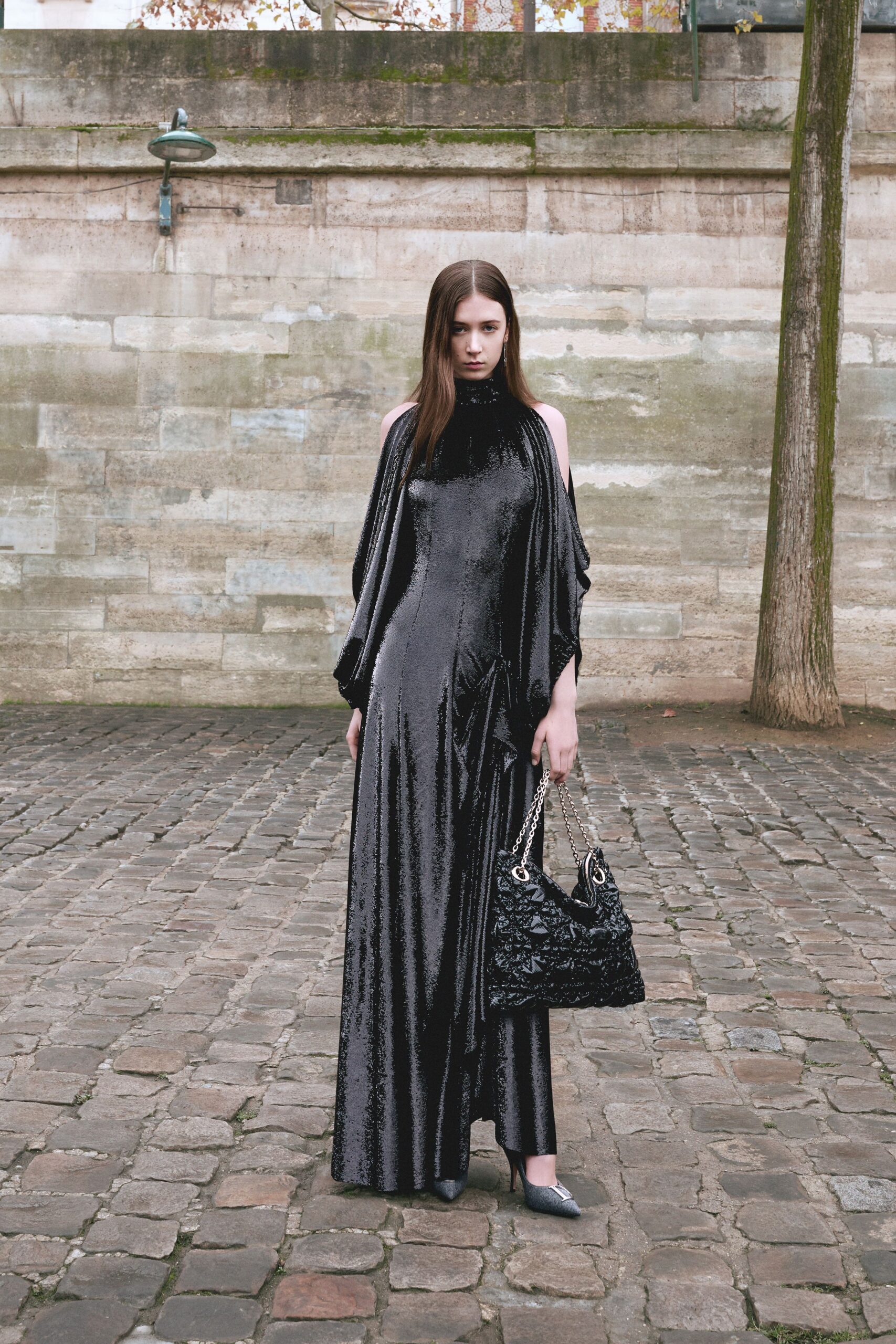 black velvet long-sleeve gown