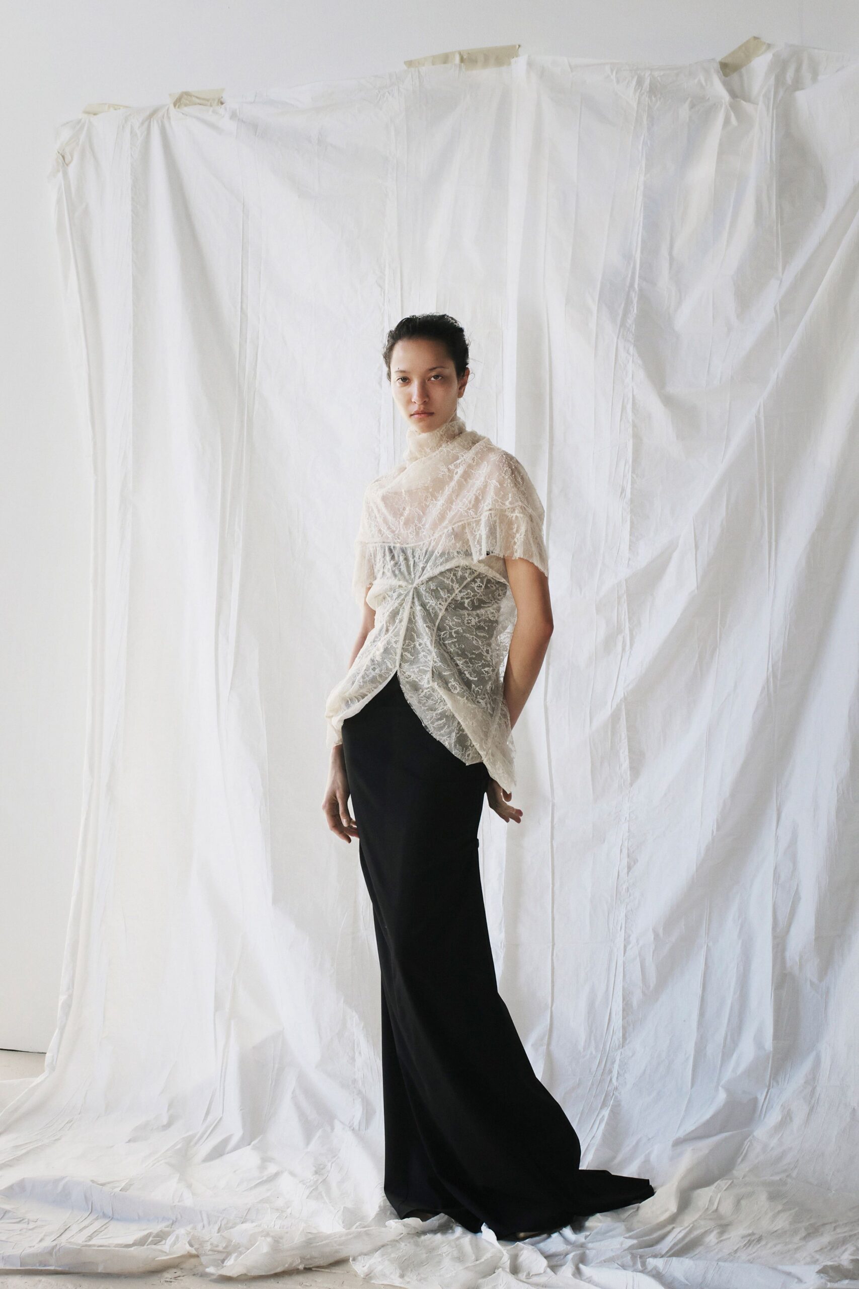 white lace short-sleeve high-neck fitted layered sheer top