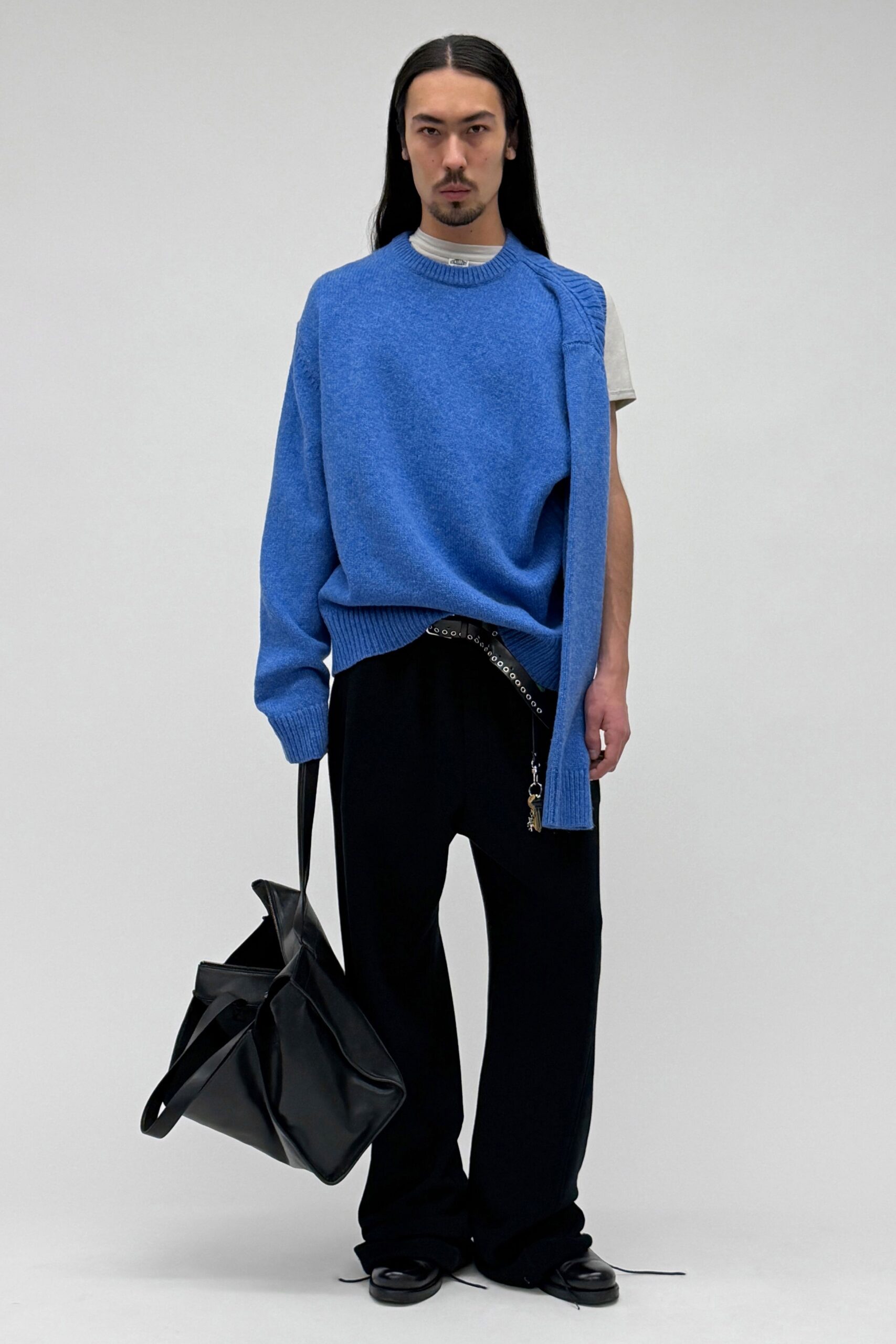 blue wool long-sleeve collared oversized sweater