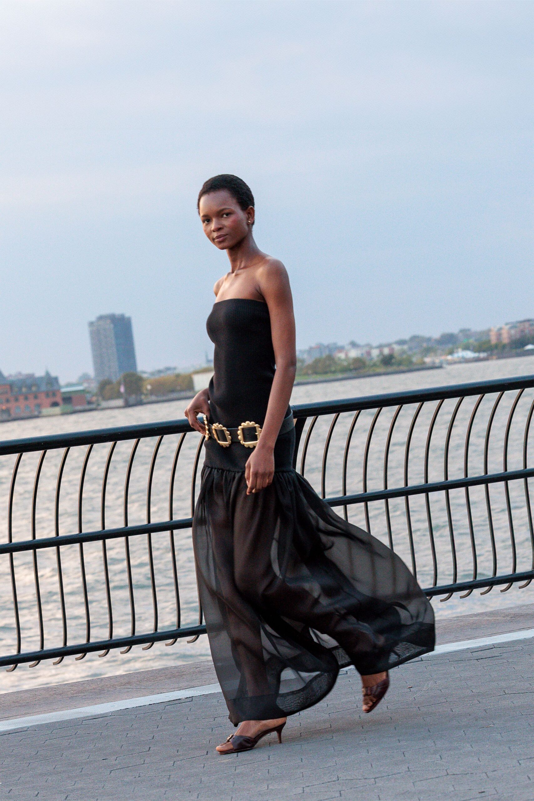black silk strapless fitted layered flowing maxi dress