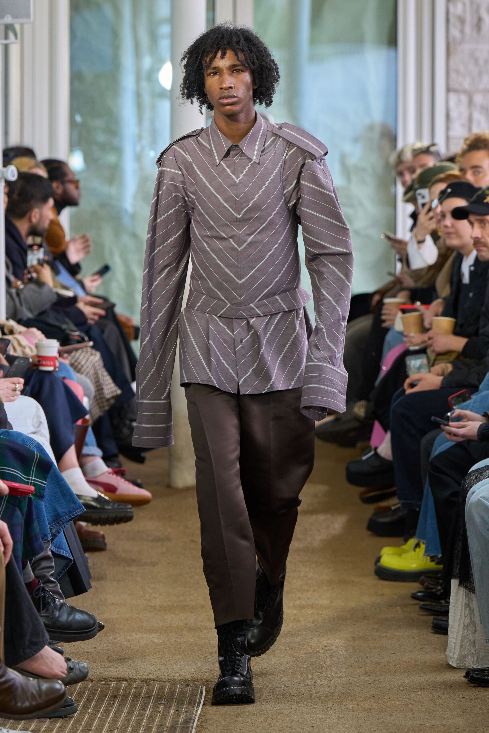 gray striped shirt with brown pants